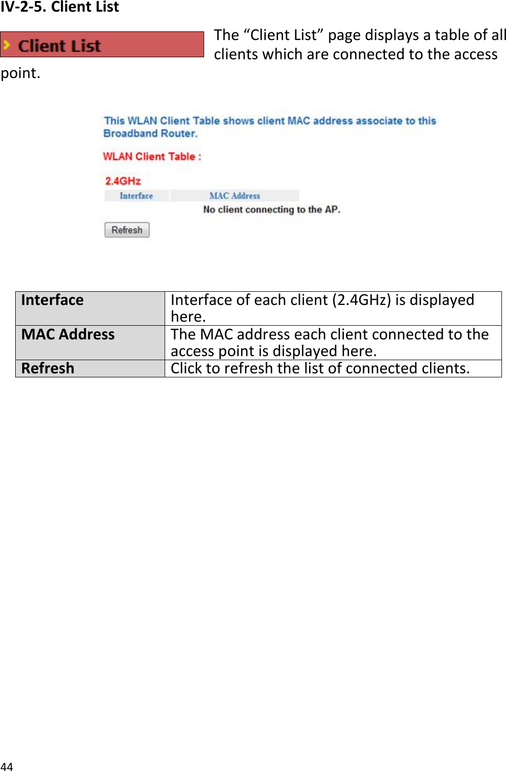 44  IV-2-5. Client List The “Client List” page displays a table of all clients which are connected to the access point.    Interface Interface of each client (2.4GHz) is displayed here. MAC Address The MAC address each client connected to the access point is displayed here. Refresh Click to refresh the list of connected clients.  