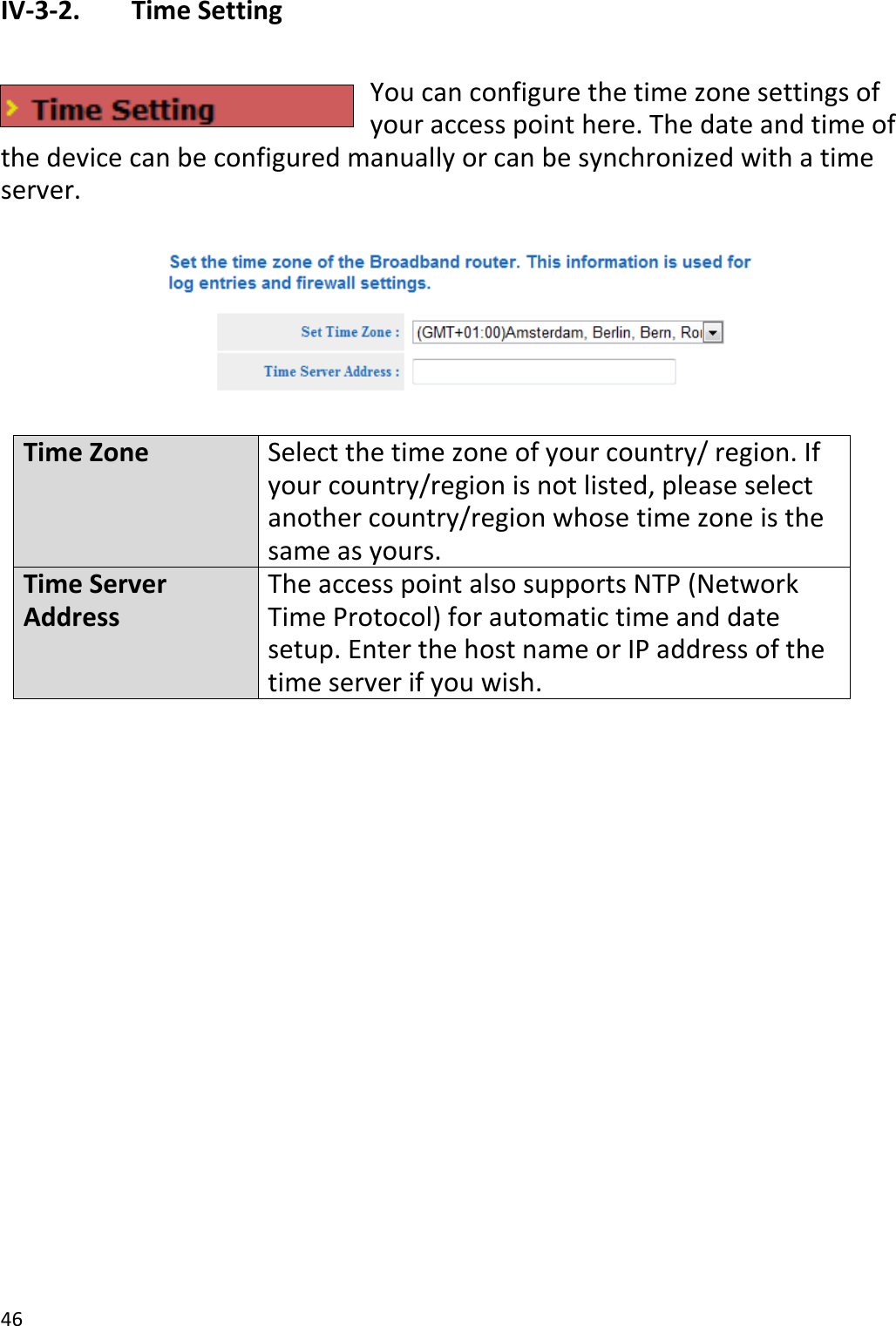 46  IV-3-2.   Time Setting  You can configure the time zone settings of your access point here. The date and time of the device can be configured manually or can be synchronized with a time server.    Time Zone Select the time zone of your country/ region. If your country/region is not listed, please select another country/region whose time zone is the same as yours. Time Server Address The access point also supports NTP (Network Time Protocol) for automatic time and date setup. Enter the host name or IP address of the time server if you wish.  