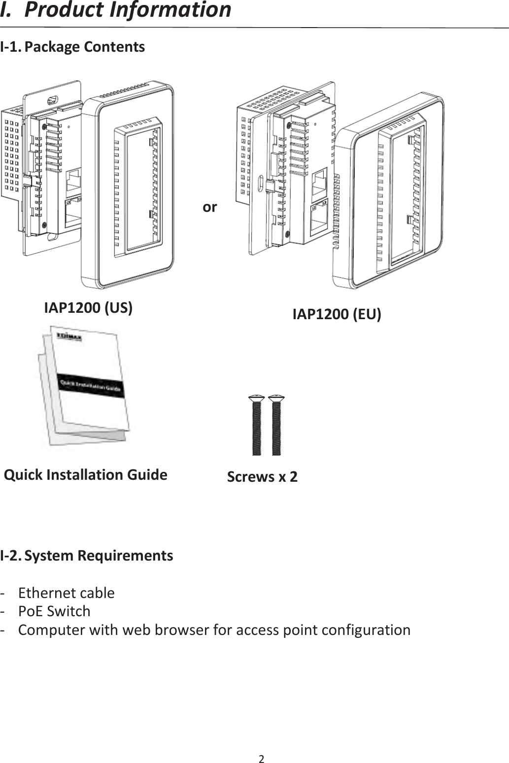 2  I. Product Information I-1. Package Contents                                   I-2. System Requirements  - Ethernet cable -PoE Switch - Computer with web browser for access point configuration      Quick Installation Guide Screws x 2 IAP1200 (US) IAP1200 (EU) or 