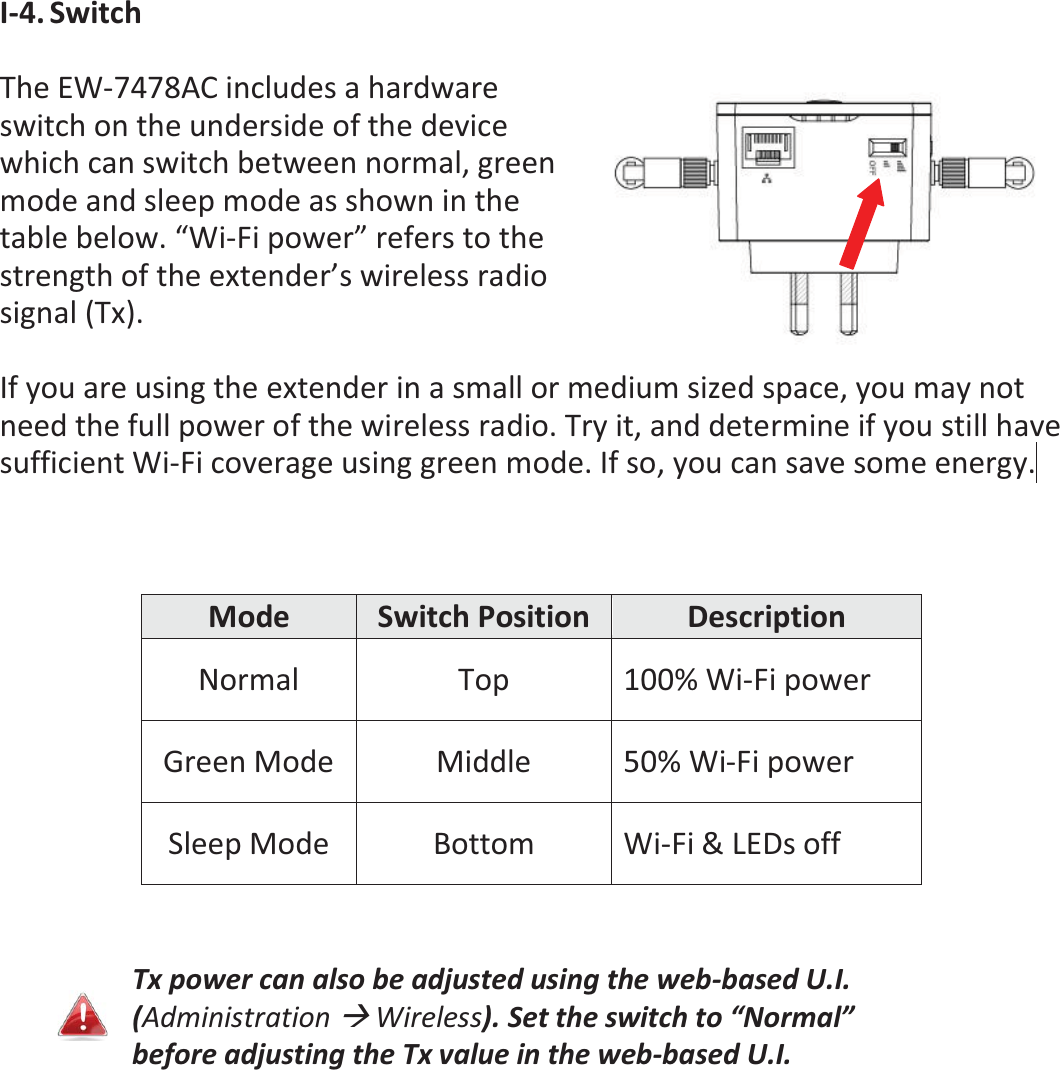 I-4. Switch  The EW-7478AC includes a hardware switch on the underside of the device which can switch between normal, green mode and sleep mode as shown in the table below. “Wi-Fi power” refers to the strength of the extender’s wireless radio signal (Tx).    If you are using the extender in a small or medium sized space, you may not need the full power of the wireless radio. Try it, and determine if you still have sufficient Wi-Fi coverage using green mode. If so, you can save some energy.     Mode Switch Position Description Normal Top 100% Wi-Fi power Green Mode Middle 50% Wi-Fi power Sleep Mode Bottom Wi-Fi &amp; LEDs off   Tx power can also be adjusted using the web-based U.I. (Administration Æ Wireless). Set the switch to “Normal” before adjusting the Tx value in the web-based U.I.     