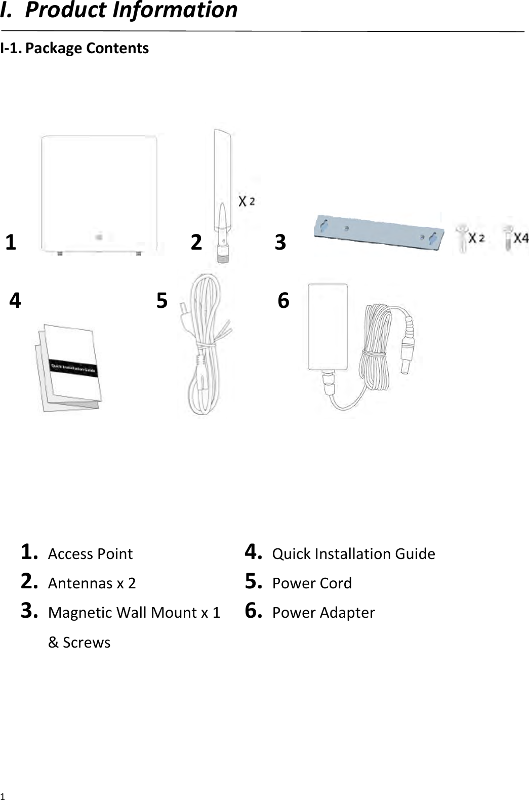  1 I. Product Information I-1. Package Contents                                                  1.   Access Point 2.   Antennas x 2 3.   Magnetic Wall Mount x 1 &amp; Screws  4.   Quick Installation Guide 5.   Power Cord 6.   Power Adapter    1 2 3 4 5 6 1 