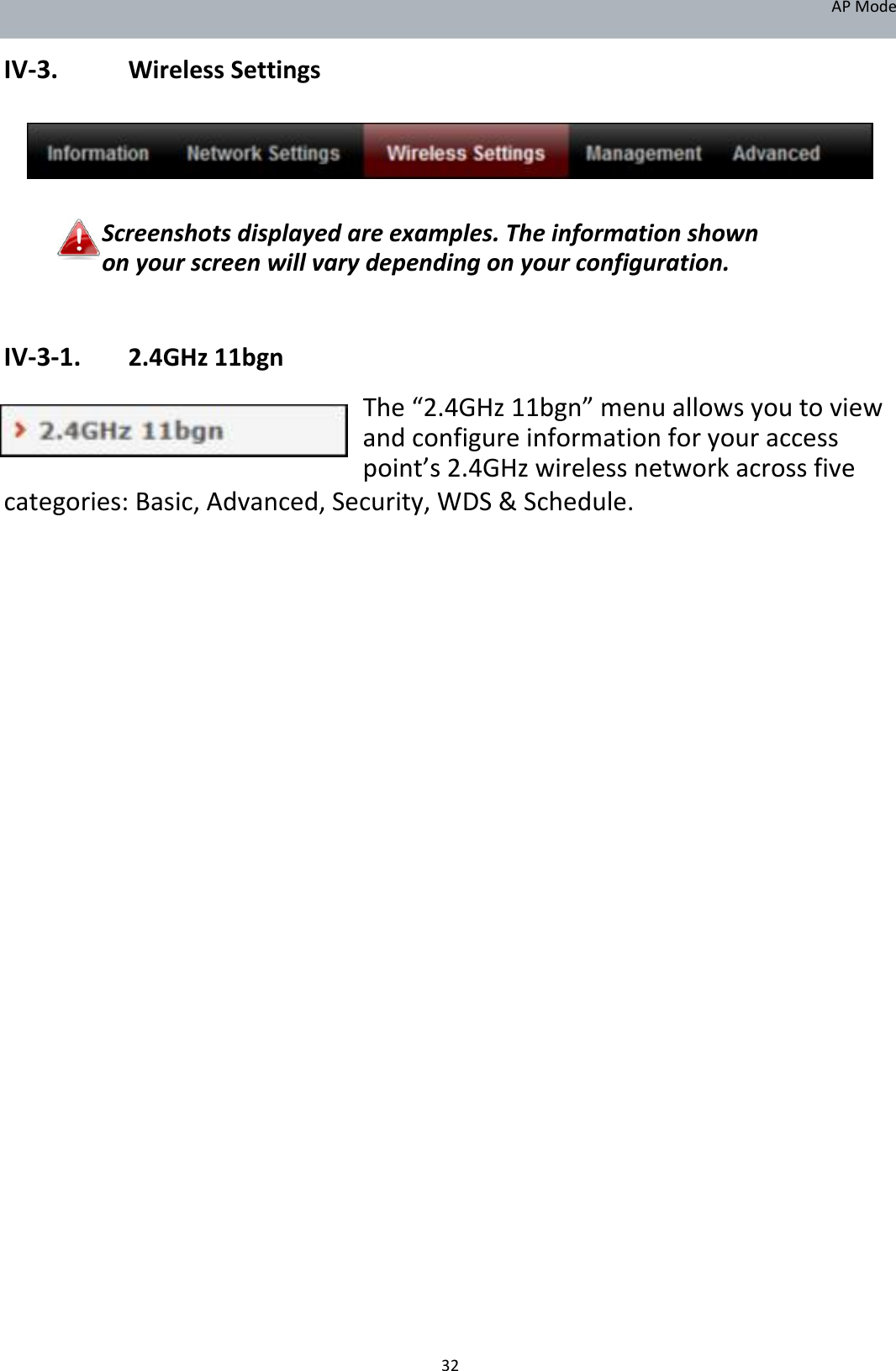 APMode IV‐3. WirelessSettings        Screenshotsdisplayedareexamples.Theinformationshownonyourscreenwillvarydependingonyourconfiguration.   IV‐3‐1. 2.4GHz11bgn The“2.4GHz11bgn”menuallowsyoutoviewandconfigureinformationforyouraccesspoint’s2.4GHzwirelessnetworkacrossfive categories:Basic,Advanced,Security,WDS&amp;Schedule.                                               32