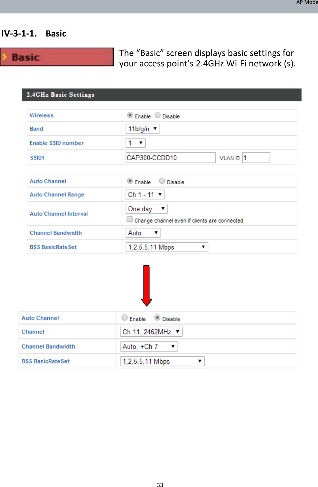 APMode   IV‐3‐1‐1. Basic  The“Basic”screendisplaysbasicsettingsforyouraccesspoint’s2.4GHzWi‐Finetwork(s).                                                                   33