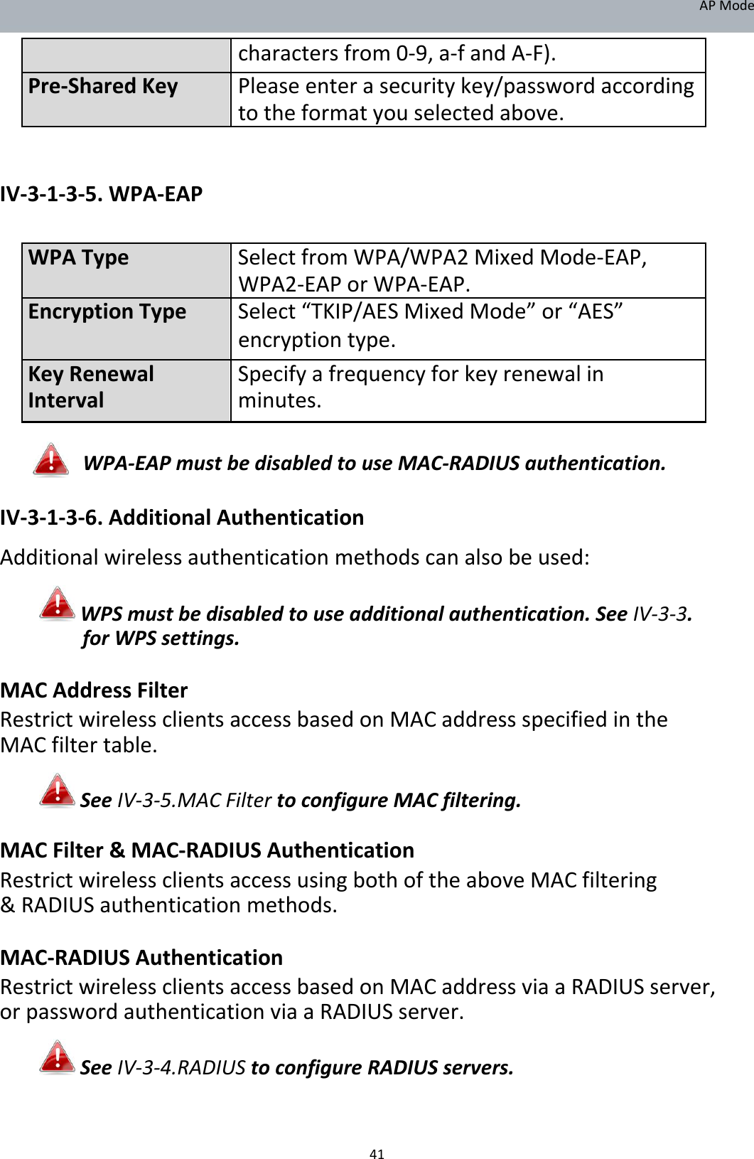 APMode     charactersfrom0‐9,a‐fandA‐F).      Pre‐SharedKeyPleaseenterasecuritykey/passwordaccording    totheformatyouselectedabove.IV‐3‐1‐3‐5.WPA‐EAP      WPATypeSelectfromWPA/WPA2MixedMode‐EAP,    WPA2‐EAPorWPA‐EAP. EncryptionTypeSelect“TKIP/AESMixedMode”or“AES”    encryptiontype.      KeyRenewalSpecifyafrequencyforkeyrenewalin Intervalminutes.     WPA‐EAPmustbedisabledtouseMAC‐RADIUSauthentication. IV‐3‐1‐3‐6.AdditionalAuthentication Additionalwirelessauthenticationmethodscanalsobeused: WPSmustbedisabledtouseadditionalauthentication.SeeIV‐3‐3.forWPSsettings. MACAddressFilter RestrictwirelessclientsaccessbasedonMACaddressspecifiedintheMACfiltertable. SeeIV‐3‐5.MACFiltertoconfigureMACfiltering. MACFilter&amp;MAC‐RADIUSAuthentication RestrictwirelessclientsaccessusingbothoftheaboveMACfiltering&amp;RADIUSauthenticationmethods. MAC‐RADIUSAuthentication RestrictwirelessclientsaccessbasedonMACaddressviaaRADIUSserver,orpasswordauthenticationviaaRADIUSserver. SeeIV‐3‐4.RADIUStoconfigureRADIUSservers.    41
