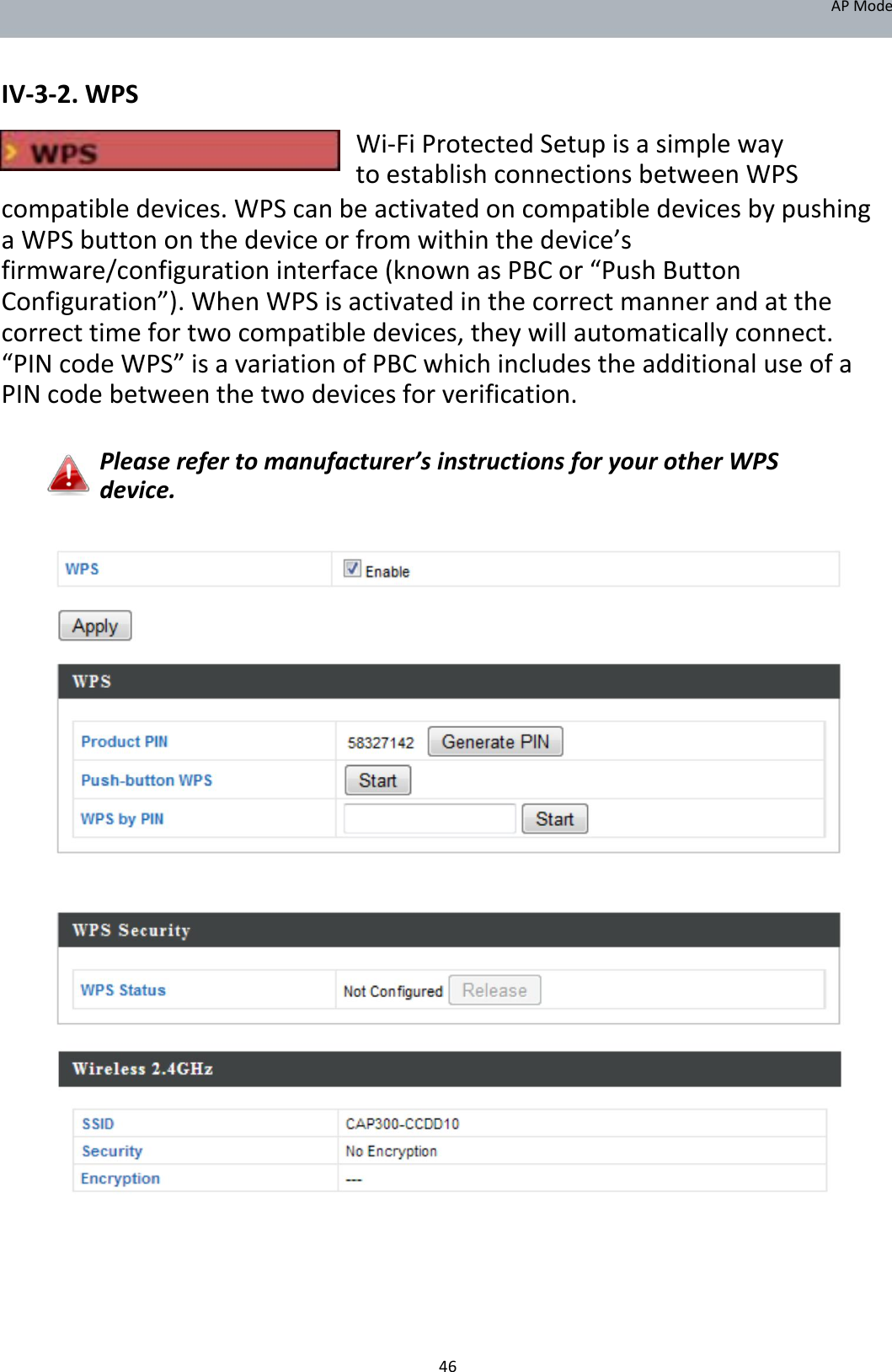 APMode   IV‐3‐2.WPS Wi‐FiProtectedSetupisasimplewaytoestablishconnectionsbetweenWPS  compatibledevices.WPScanbeactivatedoncompatibledevicesbypushingaWPSbuttononthedeviceorfromwithinthedevice’sfirmware/configurationinterface(knownasPBCor“PushButtonConfiguration”).WhenWPSisactivatedinthecorrectmannerandatthecorrecttimefortwocompatibledevices,theywillautomaticallyconnect.“PINcodeWPS”isavariationofPBCwhichincludestheadditionaluseofaPINcodebetweenthetwodevicesforverification.  Pleaserefertomanufacturer’sinstructionsforyourotherWPSdevice.                                                 46