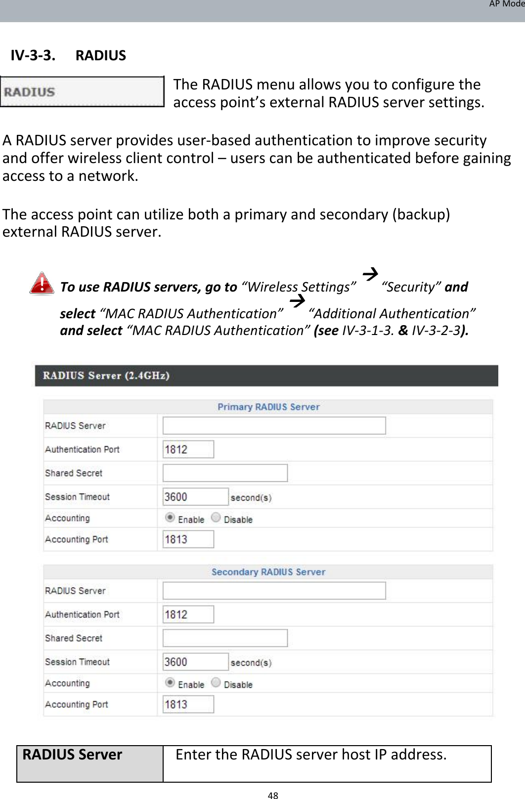 APMode   IV‐3‐3. RADIUS  TheRADIUSmenuallowsyoutoconfiguretheaccesspoint’sexternalRADIUSserversettings.  ARADIUSserverprovidesuser‐basedauthenticationtoimprovesecurityandofferwirelessclientcontrol–userscanbeauthenticatedbeforegainingaccesstoanetwork.  Theaccesspointcanutilizebothaprimaryandsecondary(backup)externalRADIUSserver.  TouseRADIUSservers,goto“WirelessSettings”“Security”andselect“MACRADIUSAuthentication”“AdditionalAuthentication”andselect“MACRADIUSAuthentication”(seeIV‐3‐1‐3.&amp;IV‐3‐2‐3).                                        RADIUSServer EntertheRADIUSserverhostIPaddress.    48