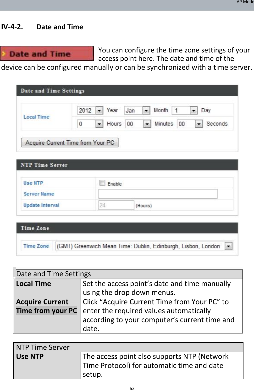 APMode   IV‐4‐2. DateandTime   Youcanconfigurethetimezonesettingsofyouraccesspointhere.Thedateandtimeofthedevicecanbeconfiguredmanuallyorcanbesynchronizedwithatimeserver.                                        DateandTimeSettings LocalTime Settheaccesspoint’sdateandtimemanually     usingthedropdownmenus. AcquireCurrent  Click“AcquireCurrentTimefromYourPC”to TimefromyourPC entertherequiredvaluesautomatically     accordingtoyourcomputer’scurrenttimeand     date.       NTPTimeServer     UseNTP TheaccesspointalsosupportsNTP(Network     TimeProtocol)forautomatictimeanddate     setup.   62