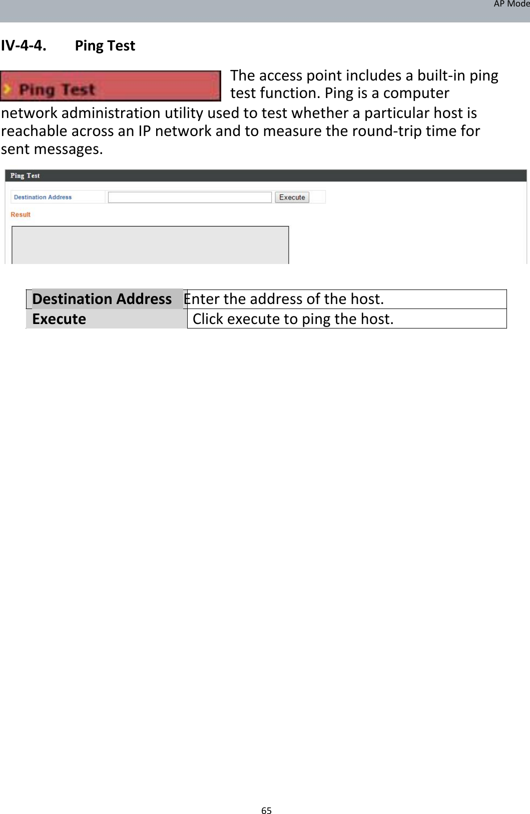 APMode  IV‐4‐4. PingTest Theaccesspointincludesabuilt‐inpingtestfunction.Pingisacomputer  networkadministrationutilityusedtotestwhetheraparticularhostisreachableacrossanIPnetworkandtomeasuretheround‐triptimeforsentmessages.             DestinationAddressEntertheaddressofthehost.ExecuteClickexecutetopingthehost.                                              65