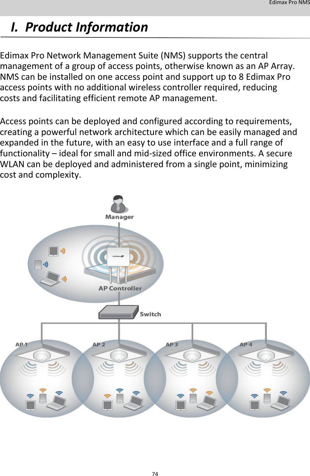 EdimaxProNMS I.ProductInformation   EdimaxProNetworkManagementSuite(NMS)supportsthecentralmanagementofagroupofaccesspoints,otherwiseknownasanAPArray.NMScanbeinstalledononeaccesspointandsupportupto8EdimaxProaccesspointswithnoadditionalwirelesscontrollerrequired,reducingcostsandfacilitatingefficientremoteAPmanagement.  Accesspointscanbedeployedandconfiguredaccordingtorequirements,creatingapowerfulnetworkarchitecturewhichcanbeeasilymanagedandexpandedinthefuture,withaneasytouseinterfaceandafullrangeoffunctionality–idealforsmallandmid‐sizedofficeenvironments.AsecureWLANcanbedeployedandadministeredfromasinglepoint,minimizingcostandcomplexity.                                                74