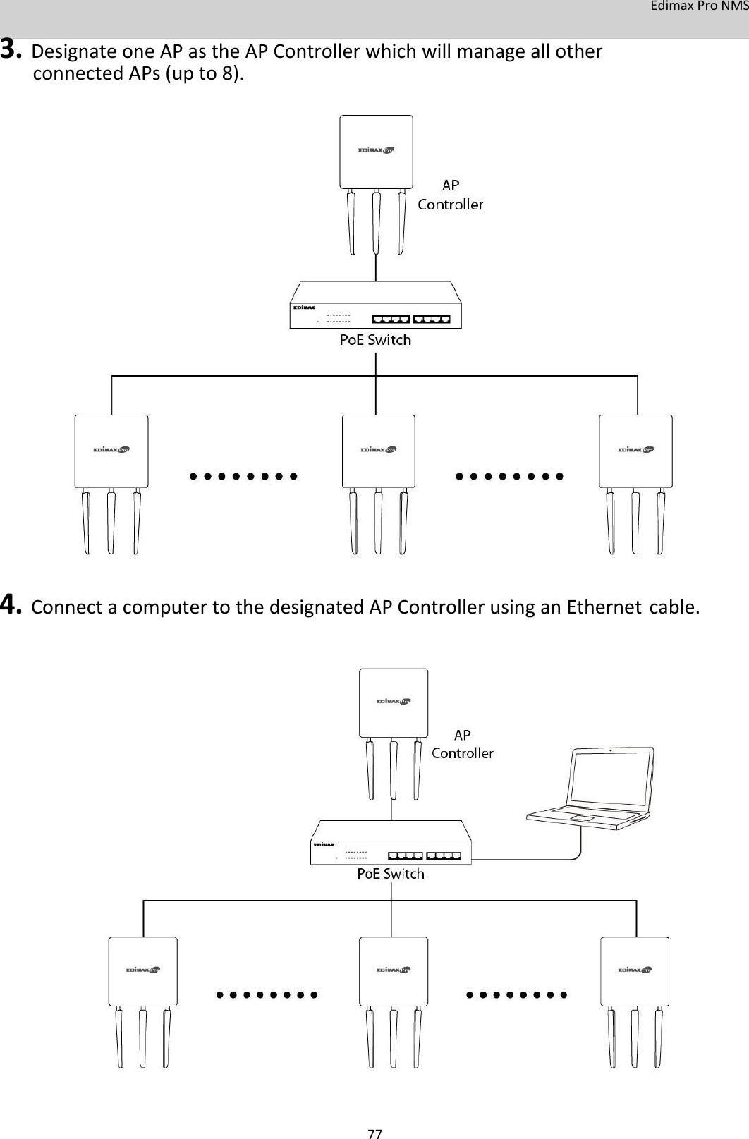 EdimaxProNMS 3.DesignateoneAPastheAPControllerwhichwillmanageallotherconnectedAPs(upto8).                                  4.ConnectacomputertothedesignatedAPControllerusinganEthernetcable.                                   77