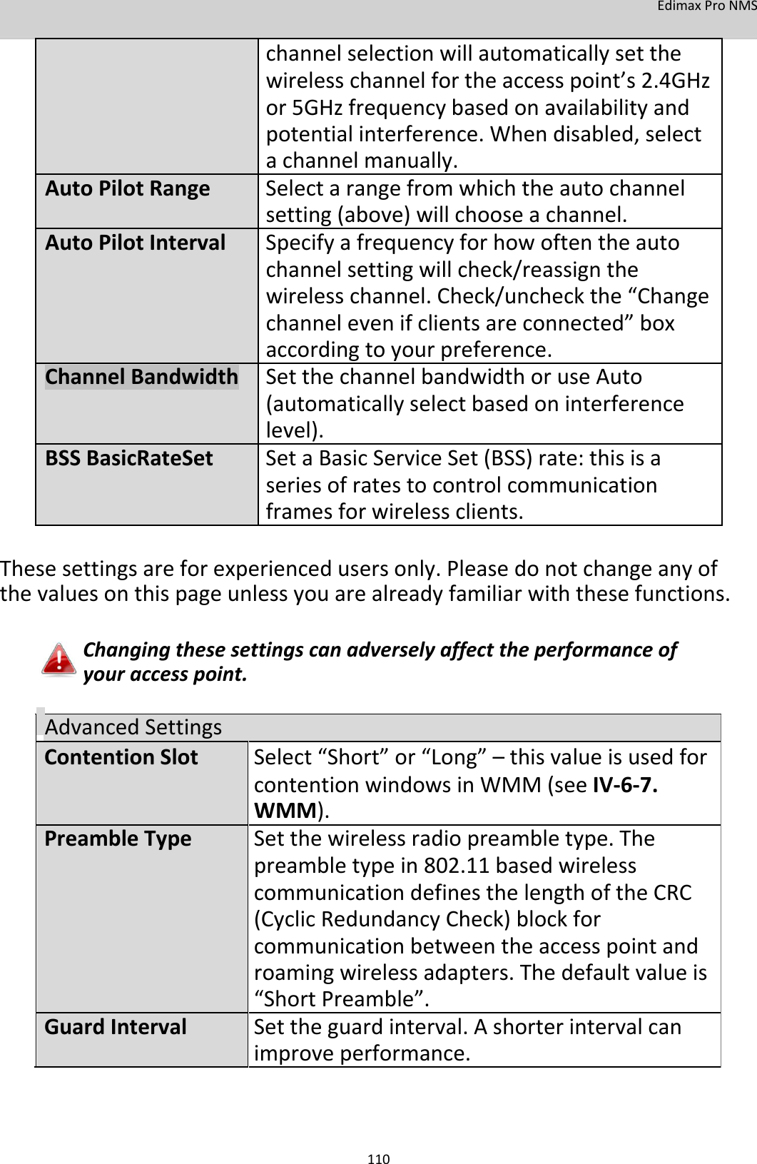 EdimaxProNMS  channelselectionwillautomaticallysetthe wirelesschannelfortheaccesspoint’s2.4GHz or5GHzfrequencybasedonavailabilityand potentialinterference.Whendisabled,select achannelmanually.AutoPilotRangeSelectarangefromwhichtheautochannel setting(above)willchooseachannel.AutoPilotIntervalSpecifyafrequencyforhowoftentheauto channelsettingwillcheck/reassignthe wirelesschannel.Check/uncheckthe“Change channelevenifclientsareconnected”box accordingtoyourpreference.ChannelBandwidthSetthechannelbandwidthoruseAuto (automaticallyselectbasedoninterference level).BSSBasicRateSetSetaBasicServiceSet(BSS)rate:thisisa seriesofratestocontrolcommunication framesforwirelessclients.  Thesesettingsareforexperiencedusersonly.Pleasedonotchangeanyofthevaluesonthispageunlessyouarealreadyfamiliarwiththesefunctions.  Changingthesesettingscanadverselyaffecttheperformanceofyouraccesspoint.  AdvancedSettings ContentionSlot Select“Short”or“Long”–this valueisusedfor   contentionwindowsinWMM(seeIV‐6‐7.   WMM). PreambleTypeSetthewirelessradiopreambletype.The   preambletypein802.11basedwireless   communicationdefinesthelengthoftheCRC   (CyclicRedundancyCheck)blockfor   communicationbetweentheaccesspointand   roamingwirelessadapters.Thedefaultvalueis   “ShortPreamble”. GuardIntervalSettheguardinterval.Ashorterintervalcan   improveperformance.     110