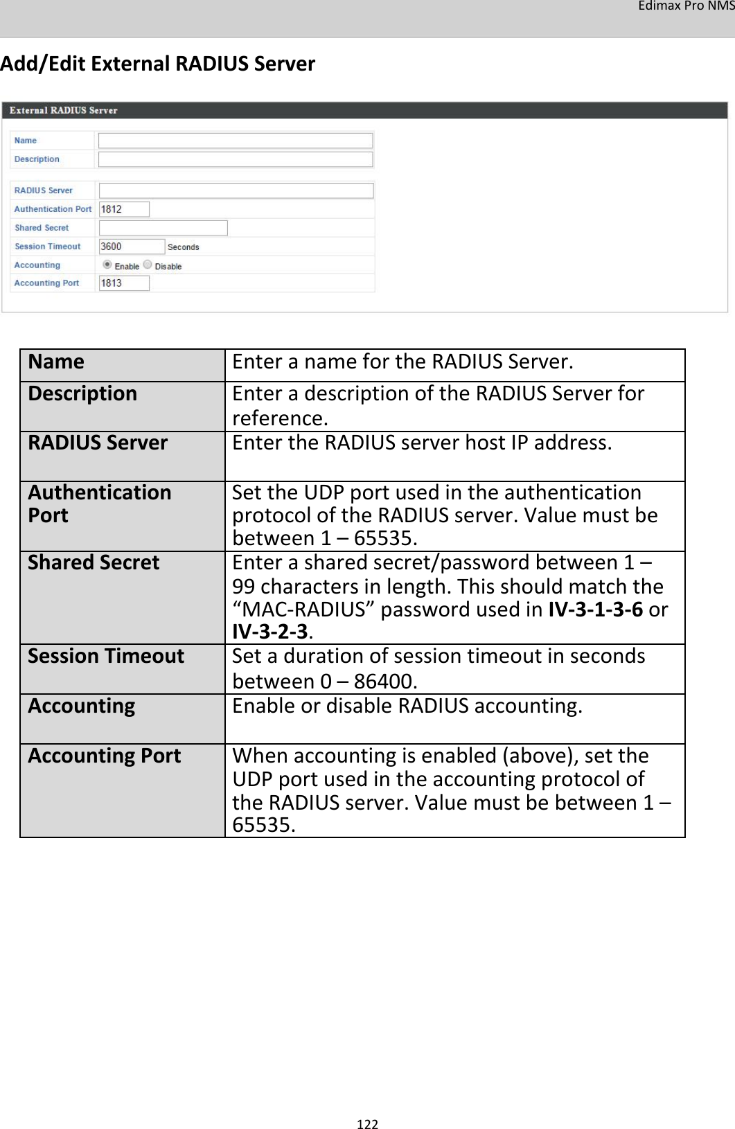 EdimaxProNMS  Add/EditExternalRADIUSServer                   NameEnteranamefortheRADIUSServer.  DescriptionEnteradescriptionoftheRADIUSServerfor reference.RADIUSServerEntertheRADIUSserverhostIPaddress.  AuthenticationSettheUDPportusedintheauthenticationPortprotocoloftheRADIUSserver.Valuemustbe between1–65535.SharedSecretEnterasharedsecret/passwordbetween1– 99charactersinlength.Thisshouldmatchthe “MAC‐RADIUS”passwordusedinIV‐3‐1‐3‐6or IV‐3‐2‐3.SessionTimeoutSetadurationofsessiontimeoutinseconds between0–86400.AccountingEnableordisableRADIUSaccounting.  AccountingPortWhenaccountingisenabled(above),setthe UDPportusedintheaccountingprotocolof theRADIUSserver.Valuemustbebetween1– 65535.                   122