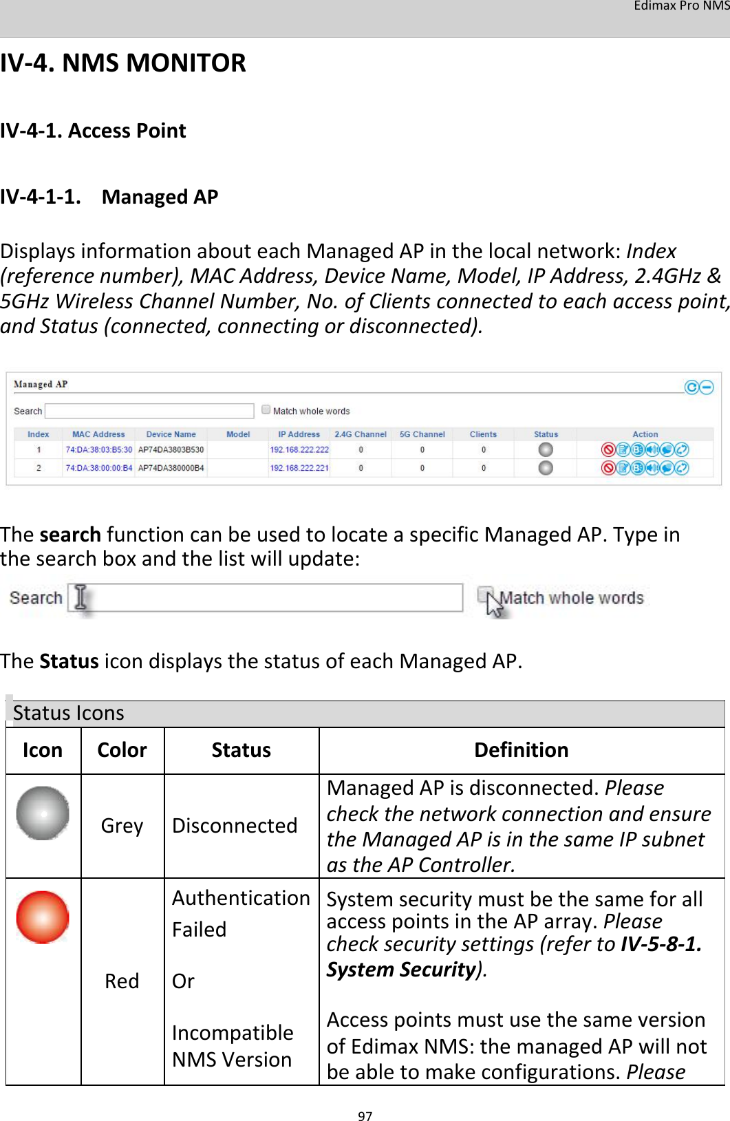 EdimaxProNMS  IV‐4.NMSMONITOR  IV‐4‐1.AccessPoint  IV‐4‐1‐1. ManagedAP  DisplaysinformationabouteachManagedAPinthelocalnetwork:Index(referencenumber),MACAddress,DeviceName,Model,IPAddress,2.4GHz&amp;5GHzWirelessChannelNumber,No.ofClientsconnectedtoeachaccesspoint,andStatus(connected,connectingordisconnected).             ThesearchfunctioncanbeusedtolocateaspecificManagedAP.Typeinthesearchboxandthelistwillupdate:      TheStatusicondisplaysthestatusofeachManagedAP.  StatusIconsIconColorStatusDefinition           ManagedAPisdisconnected.Please GreyDisconnectedcheckthenetworkconnectionandensure theManagedAPisinthesameIPsubnet         astheAPController.   Authentication Systemsecuritymustbethesameforall   FailedaccesspointsintheAParray.Please   checksecuritysettings(refertoIV‐5‐8‐1.     RedOrSystemSecurity).     IncompatibleAccesspointsmustusethesameversion   ofEdimaxNMS:themanagedAPwillnot   NMSVersion   beabletomakeconfigurations.Please         97 