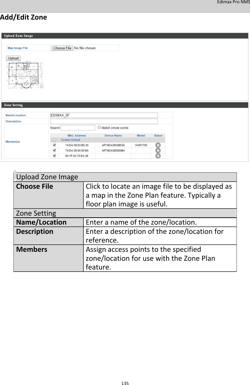 EdimaxProNMS Add/EditZone                               UploadZoneImageChooseFileClicktolocateanimagefiletobedisplayedas amapintheZonePlanfeature.Typicallya floorplanimageisuseful.ZoneSetting Name/Location Enteranameofthezone/location.DescriptionEnteradescriptionofthezone/locationfor reference.MembersAssignaccesspointstothespecified zone/locationforusewiththeZonePlan feature.                      135