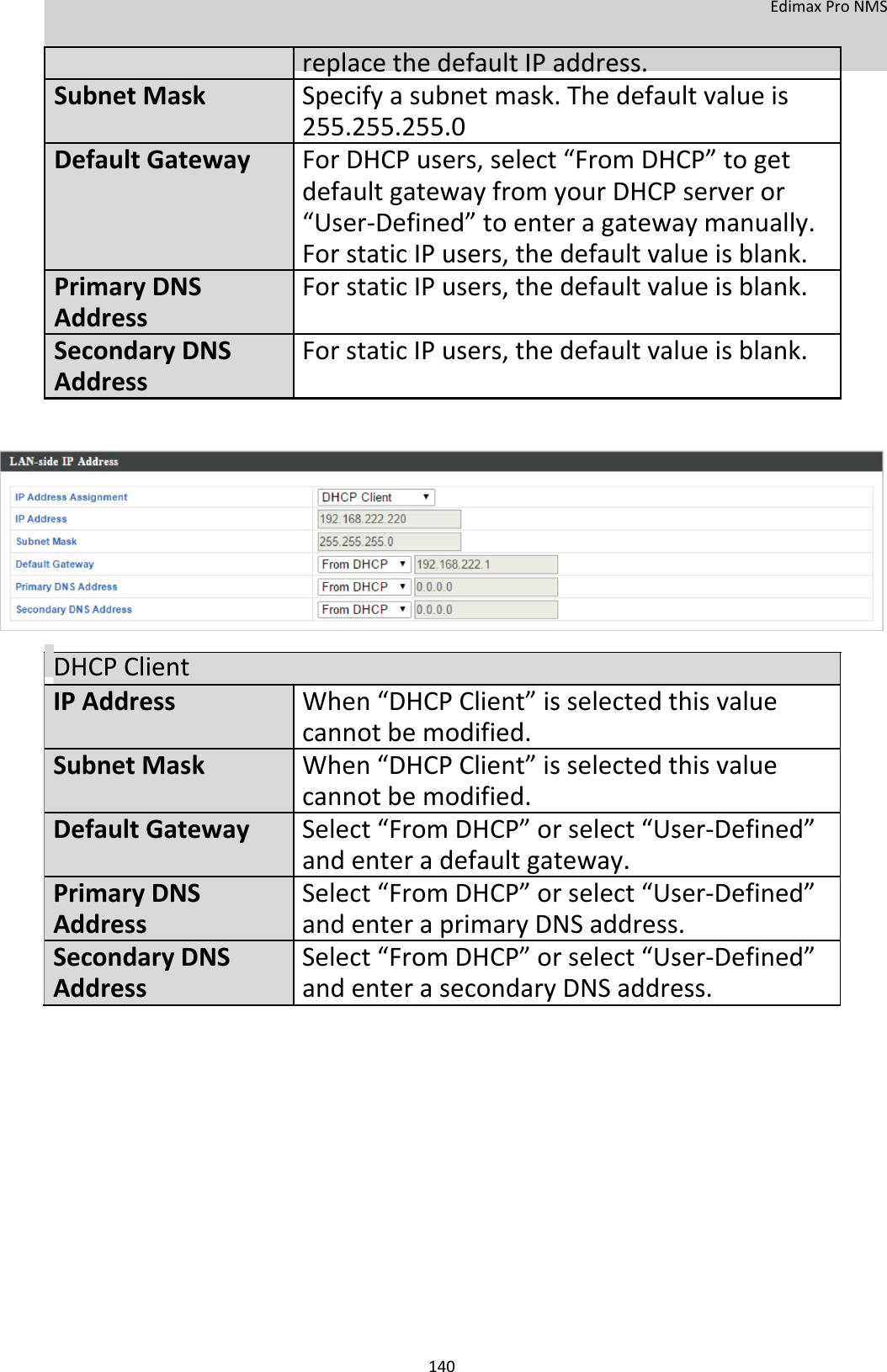  EdimaxProNMS     replacethedefaultIPaddress.  SubnetMaskSpecifyasubnetmask.Thedefaultvalueis   255.255.255.0    DefaultGatewayForDHCPusers,select“FromDHCP”toget   defaultgatewayfromyourDHCPserveror   “User‐Defined”toenteragatewaymanually.   ForstaticIPusers,thedefaultvalueisblank.  PrimaryDNSForstaticIPusers,thedefaultvalueisblank.  Address  SecondaryDNS ForstaticIPusers,thedefaultvalueisblank.  Address                DHCPClientIPAddressWhen“DHCPClient”isselectedthisvalue cannotbemodified.SubnetMaskWhen“DHCPClient”isselectedthisvalue cannotbemodified. DefaultGatewaySelect“FromDHCP”orselect“User‐Defined” andenteradefaultgateway.PrimaryDNSSelect“FromDHCP”orselect“User‐Defined”AddressandenteraprimaryDNSaddress.SecondaryDNS Select“FromDHCP”orselect“User‐Defined”AddressandenterasecondaryDNSaddress.                   140