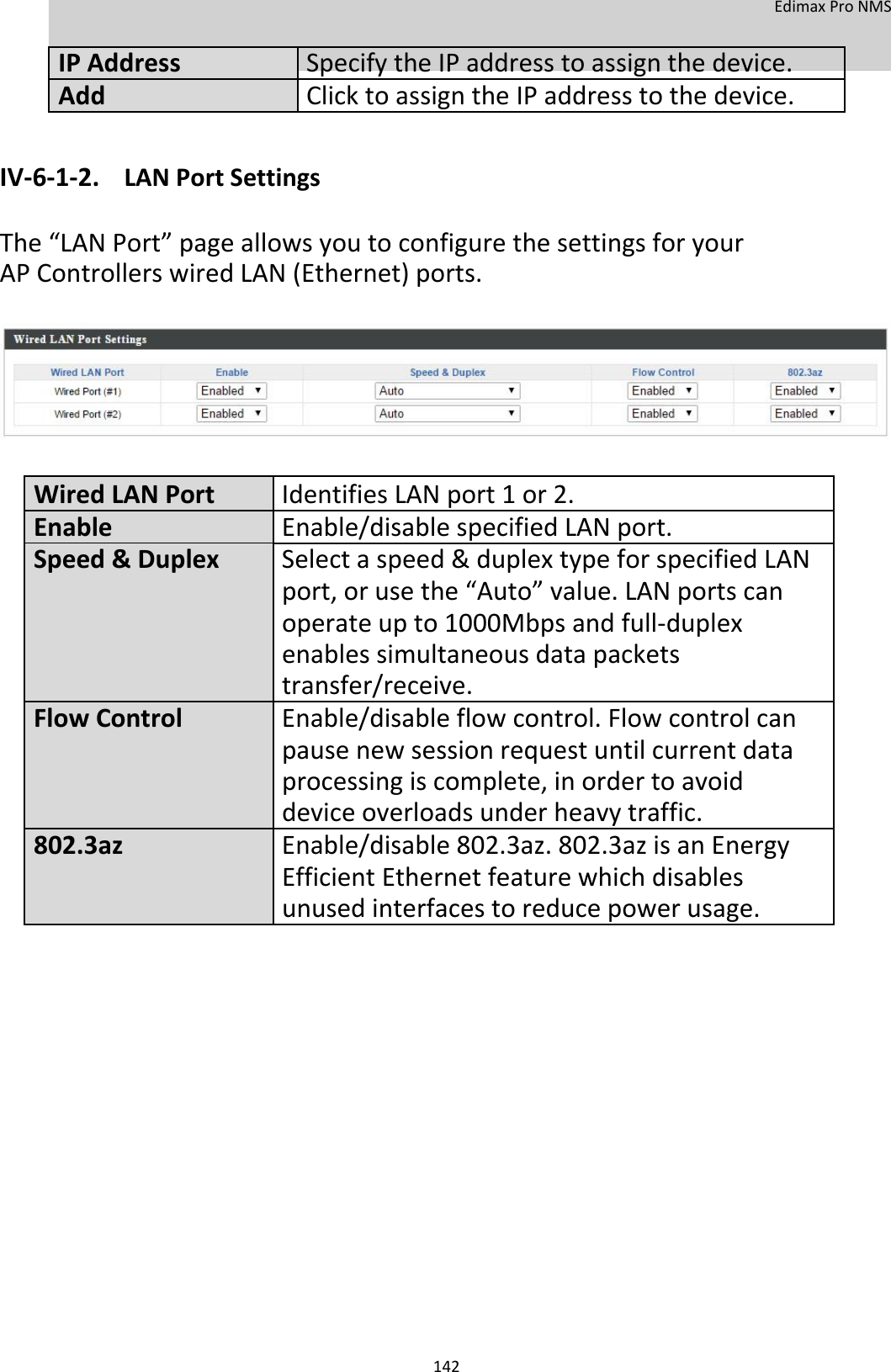  EdimaxProNMS    IPAddressSpecifytheIPaddresstoassignthedevice.  AddClicktoassigntheIPaddresstothedevice.    IV‐6‐1‐2. LANPortSettings  The“LANPort”pageallowsyoutoconfigurethesettingsforyourAPControllerswiredLAN(Ethernet)ports.           WiredLANPortIdentifiesLANport1or2.EnableEnable/disablespecifiedLANport.Speed&amp;DuplexSelectaspeed&amp;duplextypeforspecifiedLAN port,orusethe“Auto”value.LANportscan operateupto1000Mbpsandfull‐duplex enablessimultaneousdatapackets transfer/receive.FlowControlEnable/disableflowcontrol.Flowcontrolcan pausenewsessionrequestuntilcurrentdata processingiscomplete,inordertoavoid deviceoverloadsunderheavytraffic.802.3azEnable/disable802.3az.802.3azisanEnergy EfficientEthernetfeaturewhichdisables unusedinterfacestoreducepowerusage.                        142