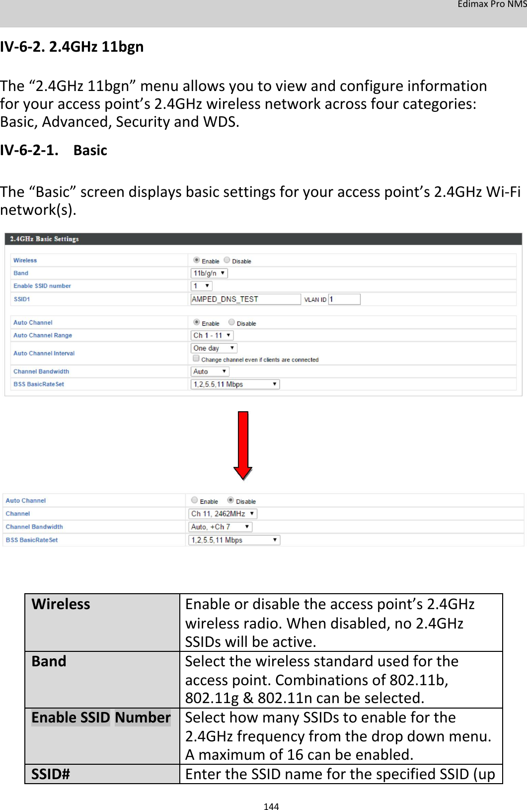 EdimaxProNMS  IV‐6‐2.2.4GHz11bgn  The“2.4GHz11bgn”menuallowsyoutoviewandconfigureinformationforyouraccesspoint’s2.4GHzwirelessnetworkacrossfourcategories:Basic,Advanced,SecurityandWDS. IV‐6‐2‐1. Basic  The“Basic”screendisplaysbasicsettingsforyouraccesspoint’s2.4GHzWi‐Finetwork(s).                                     Wireless Enableordisablethe accesspoint’s2.4GHz      wirelessradio.Whendisabled,no2.4GHz      SSIDswillbeactive.Band Selectthewirelessstandardusedforthe      accesspoint.Combinationsof802.11b,      802.11g&amp;802.11ncanbeselected.EnableSSIDNumber Selecthow manySSIDstoenableforthe     2.4GHzfrequencyfromthedropdownmenu.           Amaximumof16canbeenabled.SSID# EntertheSSIDnameforthespecifiedSSID(up   144