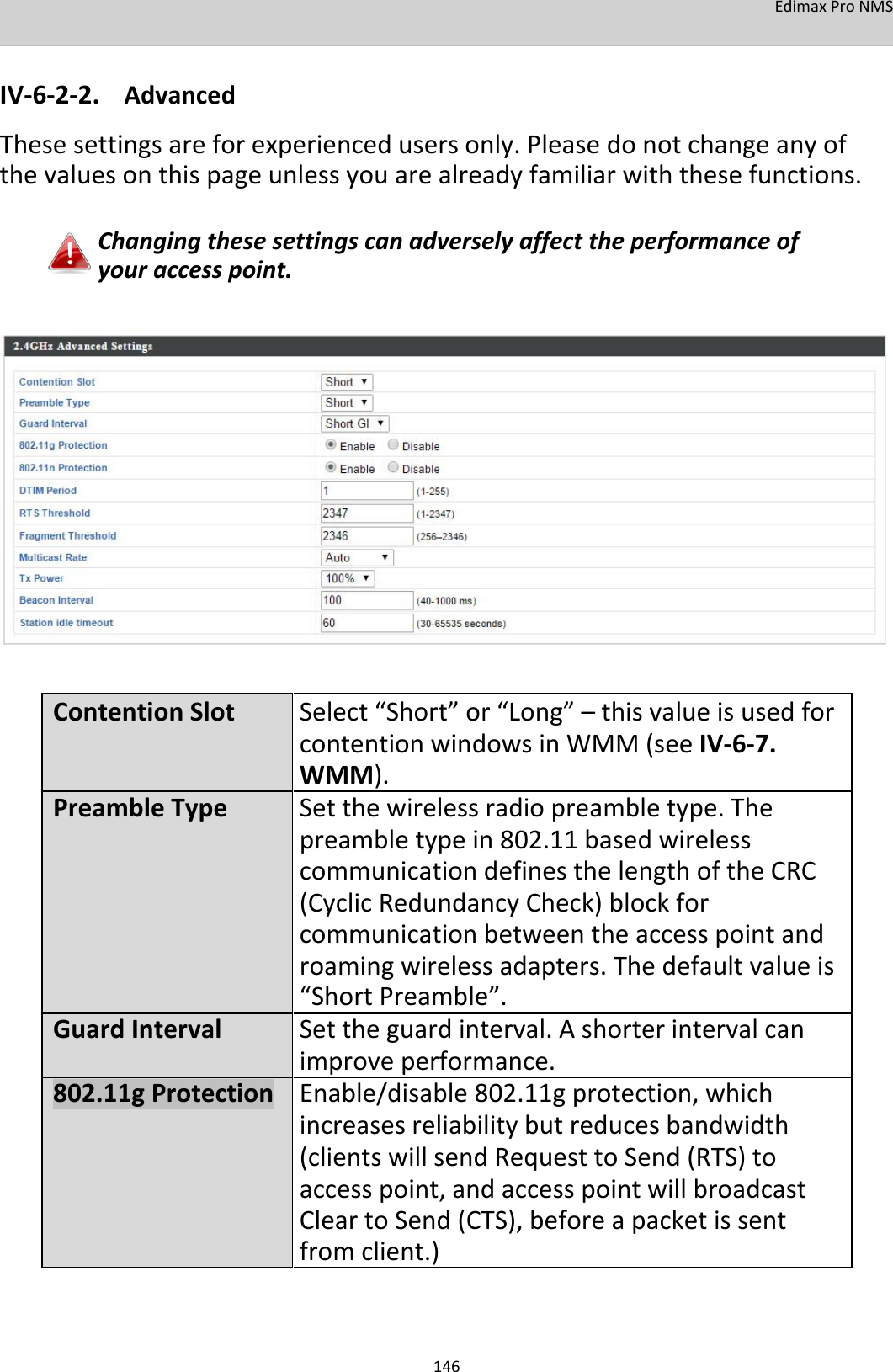 EdimaxProNMS   IV‐6‐2‐2. Advanced Thesesettingsareforexperiencedusersonly.Pleasedonotchangeanyofthevaluesonthispageunlessyouarealreadyfamiliarwiththesefunctions.  Changingthesesettingscanadverselyaffecttheperformanceofyouraccesspoint.                        ContentionSlot Select“Short”or“Long”–thisvalueisusedfor contentionwindowsinWMM(seeIV‐6‐7. WMM).PreambleTypeSetthewirelessradiopreambletype.The preambletypein802.11basedwireless communicationdefinesthelengthoftheCRC (CyclicRedundancyCheck)blockfor communicationbetweentheaccesspointand roamingwirelessadapters.Thedefaultvalueis “ShortPreamble”.GuardIntervalSettheguardinterval.Ashorterintervalcan improveperformance.802.11gProtectionEnable/disable802.11gprotection,which increasesreliabilitybutreducesbandwidth (clientswillsendRequesttoSend(RTS)to accesspoint, andaccesspointwillbroadcast CleartoSend(CTS),beforeapacketissent fromclient.)    146