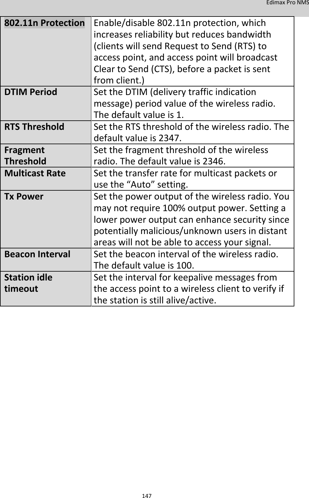 EdimaxProNMS 802.11nProtectionEnable/disable802.11nprotection,which increasesreliabilitybutreducesbandwidth  (clientswillsendRequesttoSend(RTS)to accesspoint,andaccesspointwillbroadcast CleartoSend(CTS),beforeapacketissent fromclient.)DTIMPeriodSettheDTIM(deliverytrafficindication message)periodvalueofthewirelessradio. Thedefaultvalueis1.RTSThresholdSettheRTSthresholdofthewirelessradio.The defaultvalueis2347.FragmentSetthefragmentthresholdofthewirelessThresholdradio.Thedefaultvalueis2346.MulticastRateSetthetransferrateformulticastpacketsor usethe“Auto”setting.TxPowerSetthepoweroutputofthewirelessradio.You maynotrequire100%outputpower.Settinga lowerpoweroutputcanenhancesecuritysince potentiallymalicious/unknownusersindistant areaswillnotbeabletoaccessyoursignal.BeaconInterval Setthebeaconintervalofthewirelessradio. Thedefaultvalueis100.StationidleSettheintervalforkeepalivemessagesfromtimeouttheaccesspointtoawirelessclienttoverifyif thestationisstillalive/active.                             147