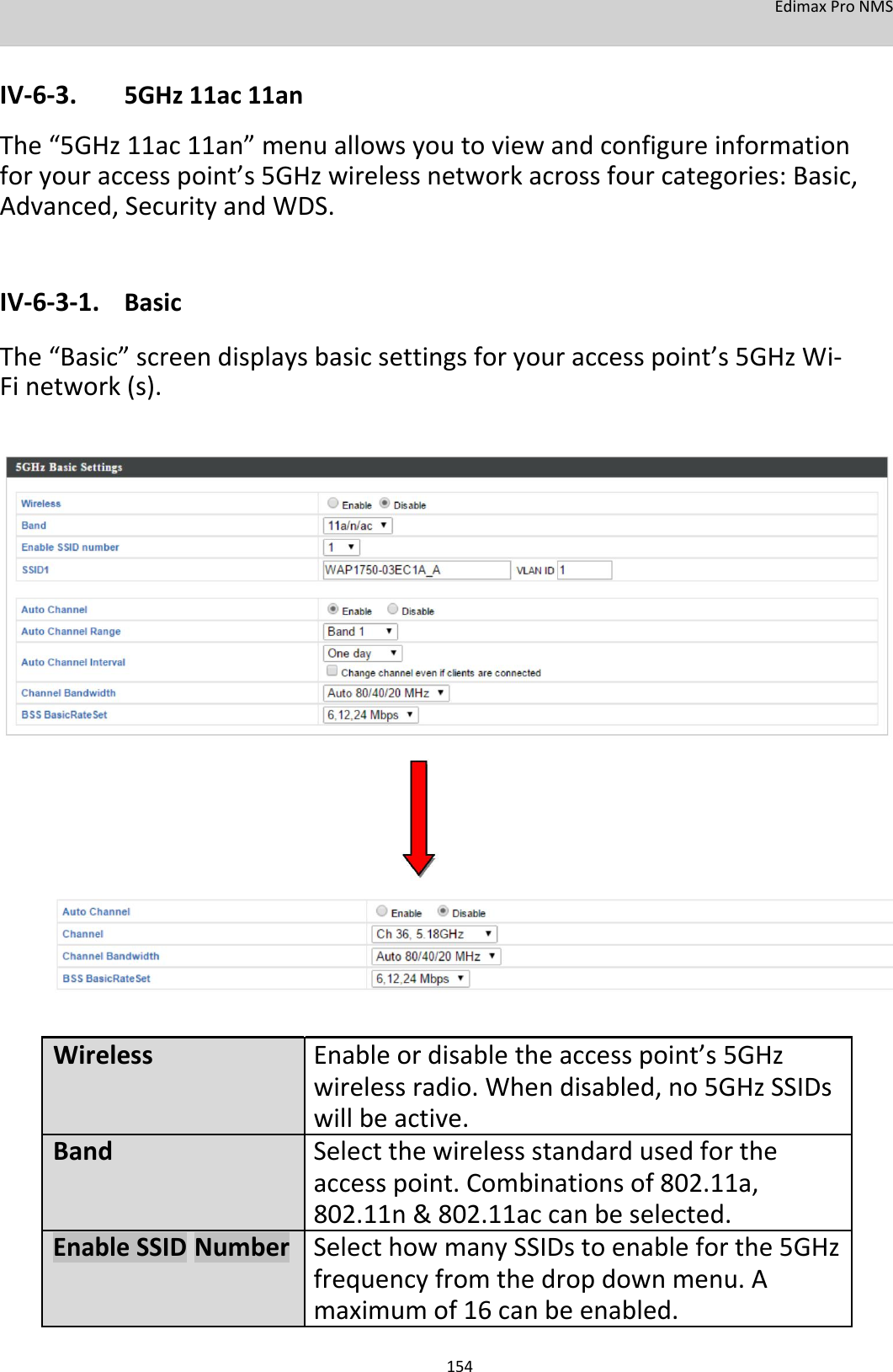 EdimaxProNMS   IV‐6‐3. 5GHz11ac11an The“5GHz11ac11an”menuallowsyoutoviewandconfigureinformationforyouraccesspoint’s5GHzwirelessnetworkacrossfourcategories:Basic,Advanced,SecurityandWDS.   IV‐6‐3‐1. Basic The“Basic”screendisplaysbasicsettingsforyouraccesspoint’s5GHzWi‐Finetwork(s).                                     Wireless Enableordisabletheaccesspoint’s5GHz      wirelessradio.Whendisabled,no5GHzSSIDs      willbeactive.Band Selectthewirelessstandardusedforthe      accesspoint.Combinationsof802.11a,      802.11n&amp;802.11accanbeselected.EnableSSIDNumber SelecthowmanySSIDstoenableforthe5GHz     frequencyfromthedropdownmenu.A           maximumof16canbeenabled.   154