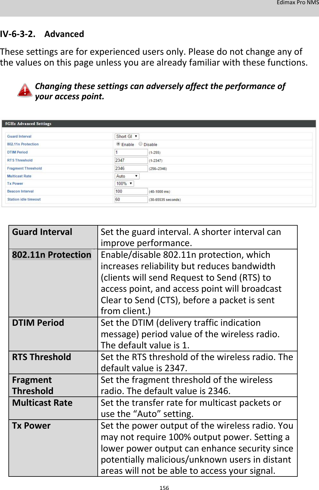 EdimaxProNMS   IV‐6‐3‐2. Advanced Thesesettingsareforexperiencedusersonly.Pleasedonotchangeanyofthevaluesonthispageunlessyouarealreadyfamiliarwiththesefunctions.  Changingthesesettingscanadverselyaffecttheperformanceofyouraccesspoint.                    GuardInterval Settheguardinterval.Ashorterintervalcan    improveperformance.802.11nProtection Enable/disable802.11nprotection,which    increasesreliabilitybutreducesbandwidth    (clientswillsendRequesttoSend(RTS)to    accesspoint,andaccesspointwillbroadcast    CleartoSend(CTS),beforeapacketissent    fromclient.)DTIMPeriod SettheDTIM(deliverytrafficindication    message)periodvalueofthewirelessradio.    Thedefaultvalueis1.RTSThreshold SettheRTSthresholdofthewirelessradio.The    defaultvalueis2347.Fragment SetthefragmentthresholdofthewirelessThreshold radio.Thedefaultvalueis2346.MulticastRate Setthetransferrateformulticastpacketsor    usethe“Auto”setting.TxPower Setthepoweroutputofthewirelessradio.You    maynotrequire100%outputpower.Settinga    lowerpoweroutputcanenhancesecuritysince    potentiallymalicious/unknownusersindistant    areaswillnotbeable toaccessyoursignal. 156