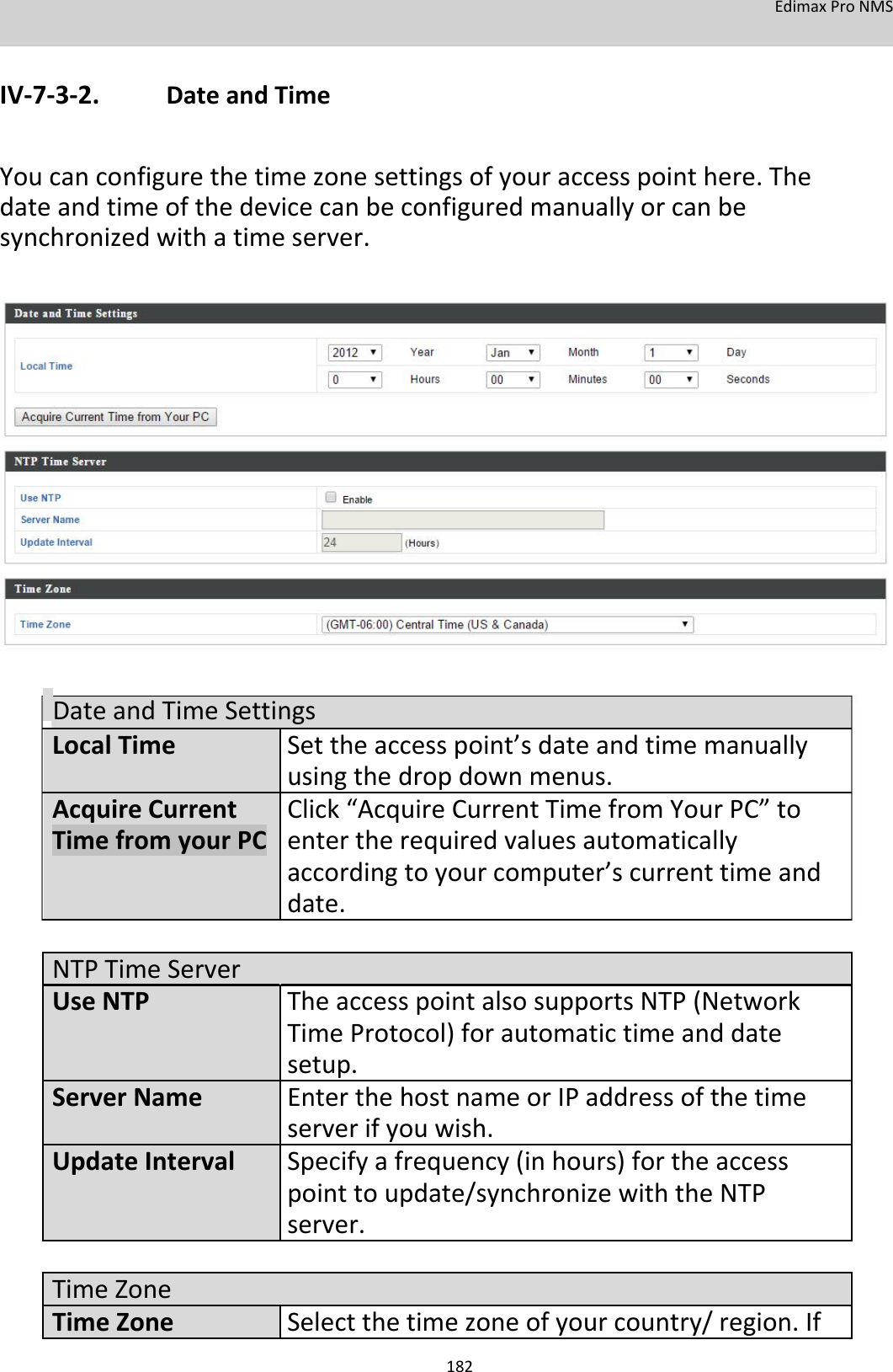 EdimaxProNMS   IV‐7‐3‐2. DateandTime  Youcanconfigurethetimezonesettingsofyouraccesspointhere.Thedateandtimeofthedevicecanbeconfiguredmanuallyorcanbesynchronizedwithatimeserver.                         DateandTimeSettings LocalTime Settheaccesspoint’sdateandtimemanually     usingthedropdownmenus. AcquireCurrent  Click“AcquireCurrentTimefromYourPC”to TimefromyourPC entertherequiredvaluesautomatically     accordingtoyourcomputer’scurrenttimeand     date.       NTPTimeServer     UseNTP TheaccesspointalsosupportsNTP(Network     TimeProtocol)forautomatictimeanddate     setup. ServerName EnterthehostnameorIPaddressofthetime     serverifyouwish. UpdateInterval  Specifyafrequency(inhours)fortheaccess     pointtoupdate/synchronizewiththeNTP     server.       TimeZone    TimeZone Selectthetimezoneofyour country/region.If   182