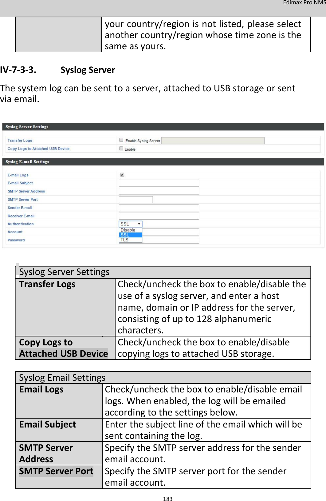 EdimaxProNMS  yourcountry/regionisnotlisted,pleaseselectanothercountry/regionwhosetimezoneisthesameasyours. IV‐7‐3‐3. SyslogServer Thesystemlogcanbesenttoaserver,attachedtoUSBstorageorsentviaemail.                         SyslogServerSettings TransferLogs    Check/unchecktheboxtoenable/disablethe       useofasyslogserver,andenterahost             name,domainorIPaddressfortheserver,       consistingofupto128 alphanumeric       characters. CopyLogsto    Check/unchecktheboxtoenable/disable AttachedUSBDevicecopyinglogstoattachedUSBstorage.       SyslogEmailSettings EmailLogs Check/unchecktheboxtoenable/disableemail     logs.Whenenabled,thelogwillbeemailed     accordingtothesettingsbelow. EmailSubject Enterthesubjectlineoftheemailwhichwillbe     sentcontainingthelog. SMTPServer SpecifytheSMTPserveraddressforthesender Address emailaccount. SMTPServerPort SpecifytheSMTPserverportforthesender     emailaccount.   183
