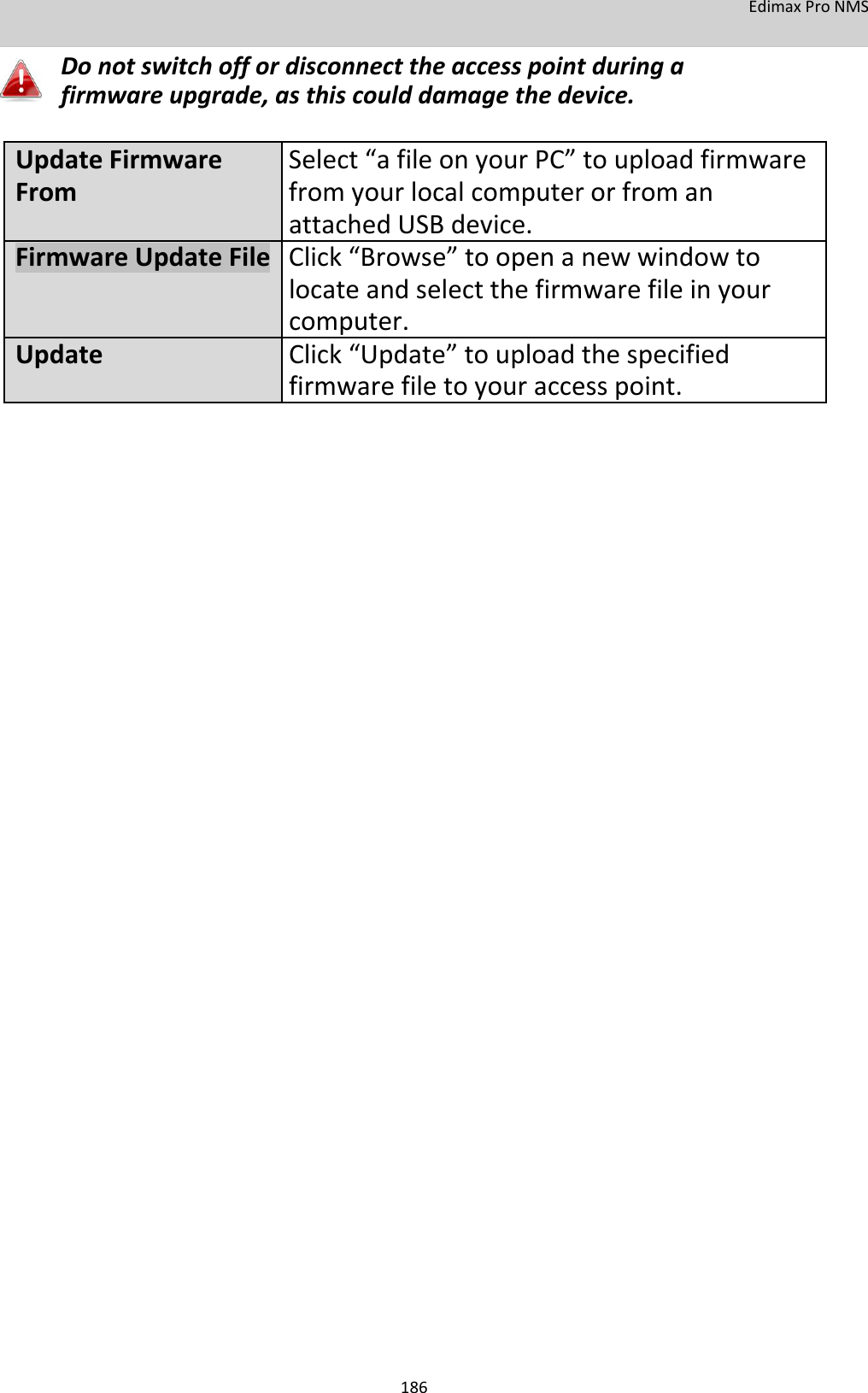 EdimaxProNMS Donotswitchoffordisconnecttheaccesspointduringafirmwareupgrade,asthiscoulddamagethedevice.  UpdateFirmwareSelect“afileonyourPC”touploadfirmwareFromfromyourlocalcomputerorfroman attachedUSBdevice.FirmwareUpdateFileClick“Browse”toopenanewwindowto locateandselectthefirmwarefileinyour computer.UpdateClick“Update”touploadthespecified firmwarefiletoyouraccesspoint.                                                      186