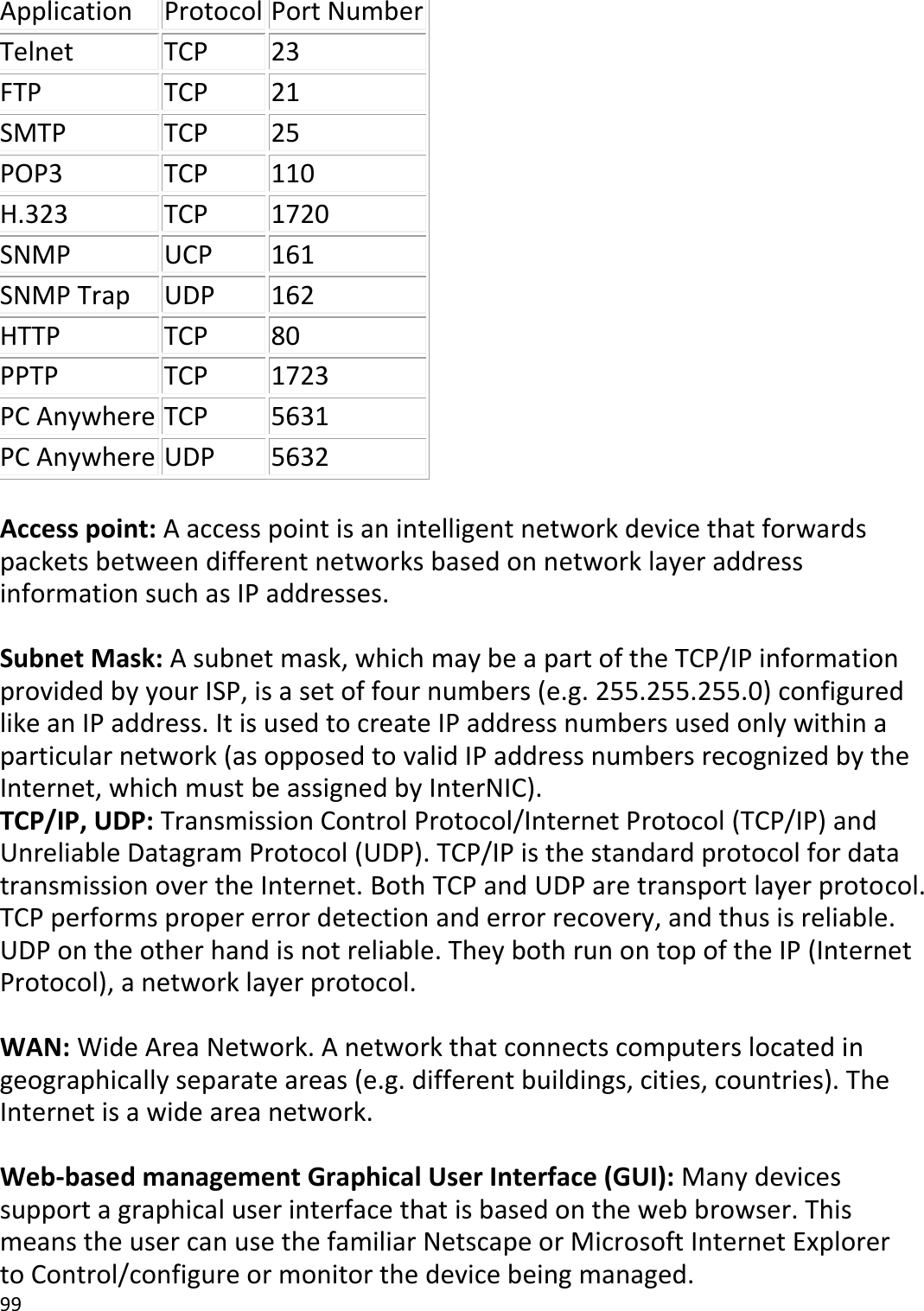 99   Application Protocol Port Number Telnet TCP 23 FTP TCP 21 SMTP TCP 25 POP3 TCP 110 H.323 TCP 1720 SNMP UCP 161 SNMP Trap UDP 162 HTTP TCP 80 PPTP TCP 1723 PC Anywhere TCP 5631 PC Anywhere UDP 5632  Access point: A access point is an intelligent network device that forwards packets between different networks based on network layer address information such as IP addresses.  Subnet Mask: A subnet mask, which may be a part of the TCP/IP information provided by your ISP, is a set of four numbers (e.g. 255.255.255.0) configured like an IP address. It is used to create IP address numbers used only within a particular network (as opposed to valid IP address numbers recognized by the Internet, which must be assigned by InterNIC).   TCP/IP, UDP: Transmission Control Protocol/Internet Protocol (TCP/IP) and Unreliable Datagram Protocol (UDP). TCP/IP is the standard protocol for data transmission over the Internet. Both TCP and UDP are transport layer protocol. TCP performs proper error detection and error recovery, and thus is reliable. UDP on the other hand is not reliable. They both run on top of the IP (Internet Protocol), a network layer protocol.  WAN: Wide Area Network. A network that connects computers located in geographically separate areas (e.g. different buildings, cities, countries). The Internet is a wide area network.  Web-based management Graphical User Interface (GUI): Many devices support a graphical user interface that is based on the web browser. This means the user can use the familiar Netscape or Microsoft Internet Explorer to Control/configure or monitor the device being managed. 