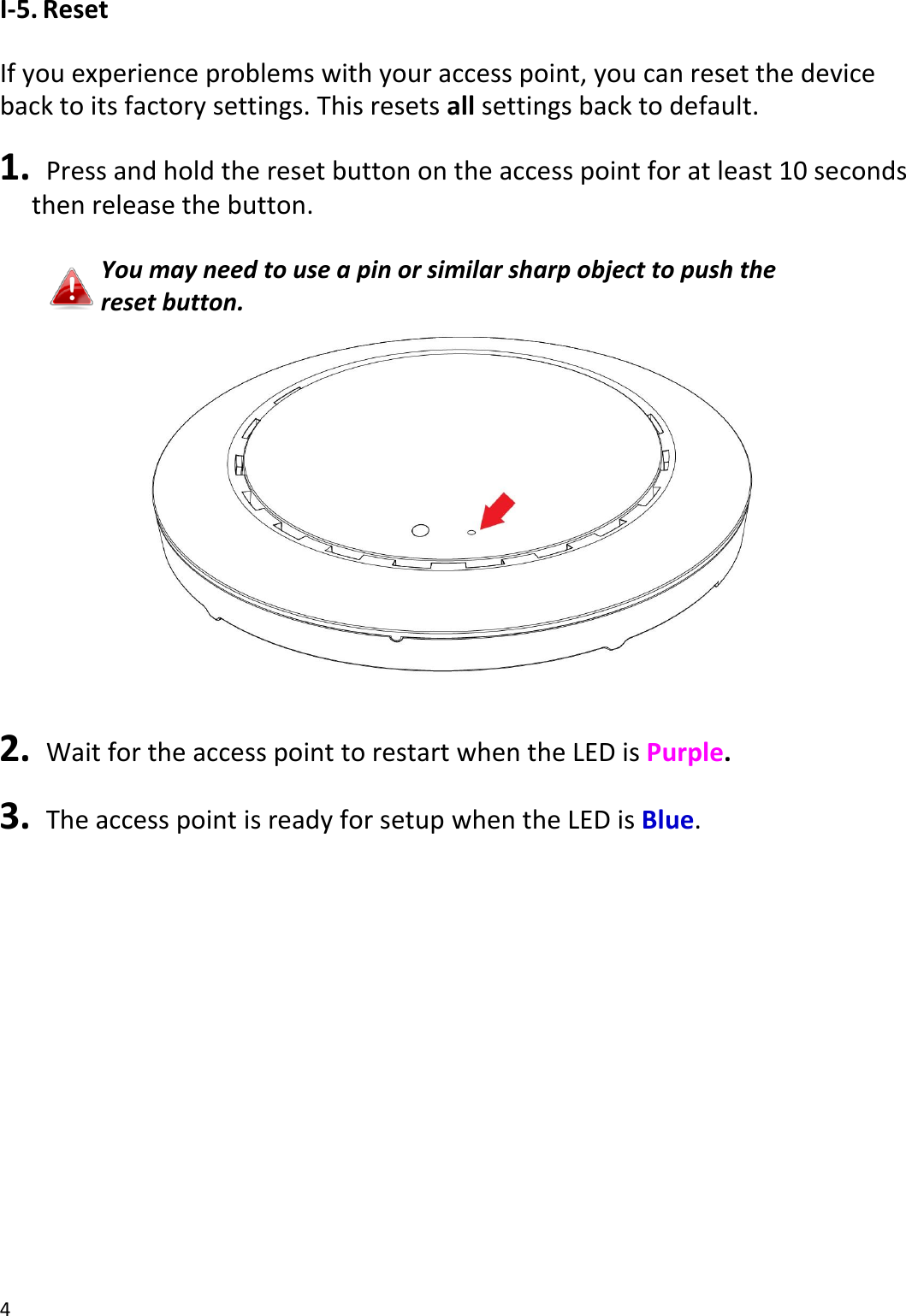 4  I-5. Reset  If you experience problems with your access point, you can reset the device back to its factory settings. This resets all settings back to default.  1.   Press and hold the reset button on the access point for at least 10 seconds then release the button.  You may need to use a pin or similar sharp object to push the reset button.   2.   Wait for the access point to restart when the LED is Purple.  3.   The access point is ready for setup when the LED is Blue.     