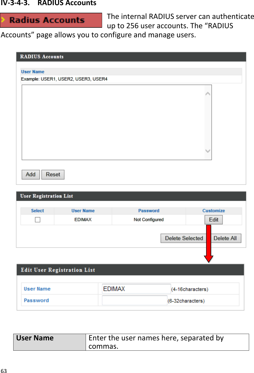 63  IV-3-4-3.  RADIUS Accounts The internal RADIUS server can authenticate up to 256 user accounts. The “RADIUS Accounts” page allows you to configure and manage users.       User Name Enter the user names here, separated by commas. 