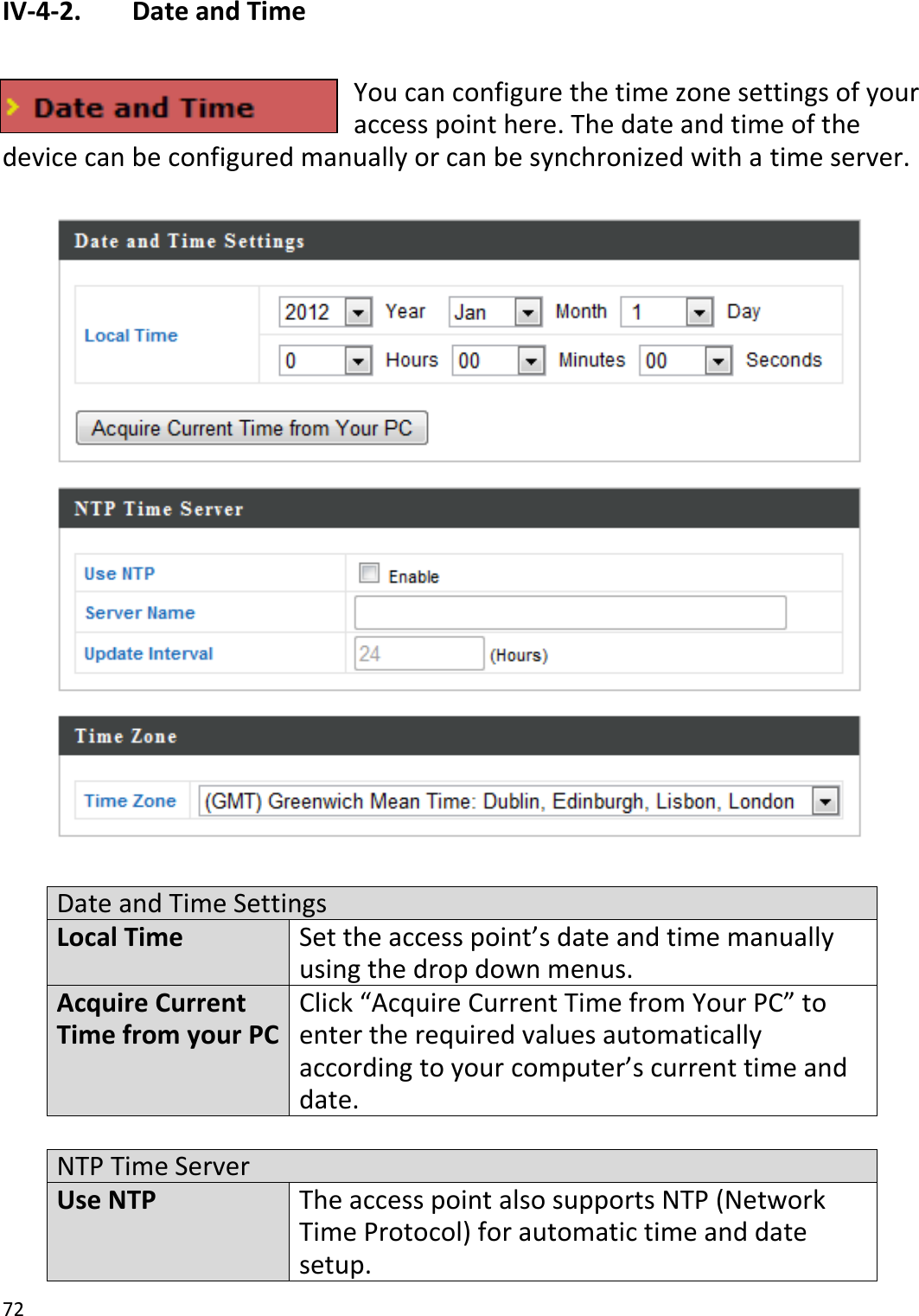 72  IV-4-2.   Date and Time  You can configure the time zone settings of your access point here. The date and time of the device can be configured manually or can be synchronized with a time server.    Date and Time Settings Local Time Set the access point’s date and time manually using the drop down menus. Acquire Current Time from your PC Click “Acquire Current Time from Your PC” to enter the required values automatically according to your computer’s current time and date.  NTP Time Server Use NTP The access point also supports NTP (Network Time Protocol) for automatic time and date setup. 