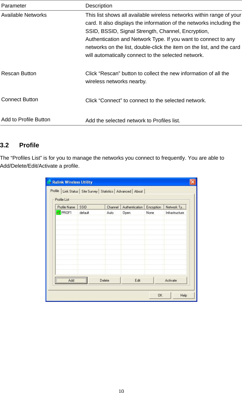  10 Parameter Description Available Networks  This list shows all available wireless networks within range of your card. It also displays the information of the networks including the SSID, BSSID, Signal Strength, Channel, Encryption, Authentication and Network Type. If you want to connect to any networks on the list, double-click the item on the list, and the card will automatically connect to the selected network.   Rescan Button  Click “Rescan” button to collect the new information of all the wireless networks nearby.   Connect Button  Click “Connect” to connect to the selected network.   Add to Profile Button  Add the selected network to Profiles list.   3.2 Profile The “Profiles List” is for you to manage the networks you connect to frequently. You are able to Add/Delete/Edit/Activate a profile.            