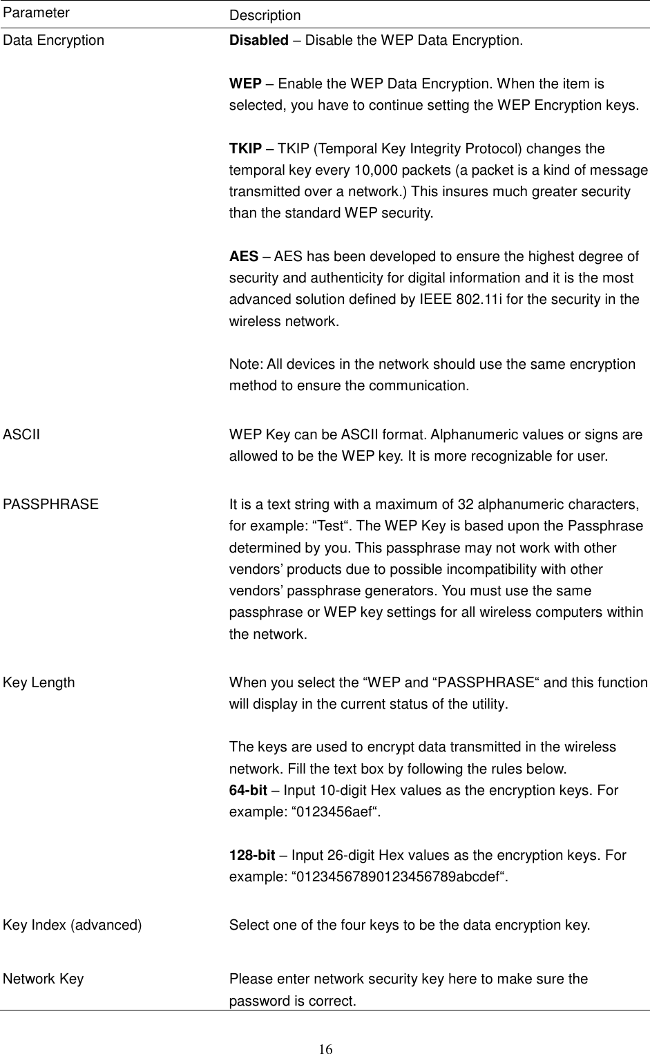  16 Parameter Description Data Encryption Disabled – Disable the WEP Data Encryption.  WEP – Enable the WEP Data Encryption. When the item is selected, you have to continue setting the WEP Encryption keys.  TKIP – TKIP (Temporal Key Integrity Protocol) changes the temporal key every 10,000 packets (a packet is a kind of message transmitted over a network.) This insures much greater security than the standard WEP security.  AES – AES has been developed to ensure the highest degree of security and authenticity for digital information and it is the most advanced solution defined by IEEE 802.11i for the security in the wireless network.  Note: All devices in the network should use the same encryption method to ensure the communication.   ASCII WEP Key can be ASCII format. Alphanumeric values or signs are allowed to be the WEP key. It is more recognizable for user.   PASSPHRASE It is a text string with a maximum of 32 alphanumeric characters, for example: “Test“. The WEP Key is based upon the Passphrase determined by you. This passphrase may not work with other vendors‟ products due to possible incompatibility with other vendors‟ passphrase generators. You must use the same passphrase or WEP key settings for all wireless computers within the network.   Key Length When you select the “WEP and “PASSPHRASE“ and this function will display in the current status of the utility.  The keys are used to encrypt data transmitted in the wireless network. Fill the text box by following the rules below. 64-bit – Input 10-digit Hex values as the encryption keys. For example: “0123456aef“.  128-bit – Input 26-digit Hex values as the encryption keys. For example: “01234567890123456789abcdef“.   Key Index (advanced) Select one of the four keys to be the data encryption key.     Network Key Please enter network security key here to make sure the password is correct. 