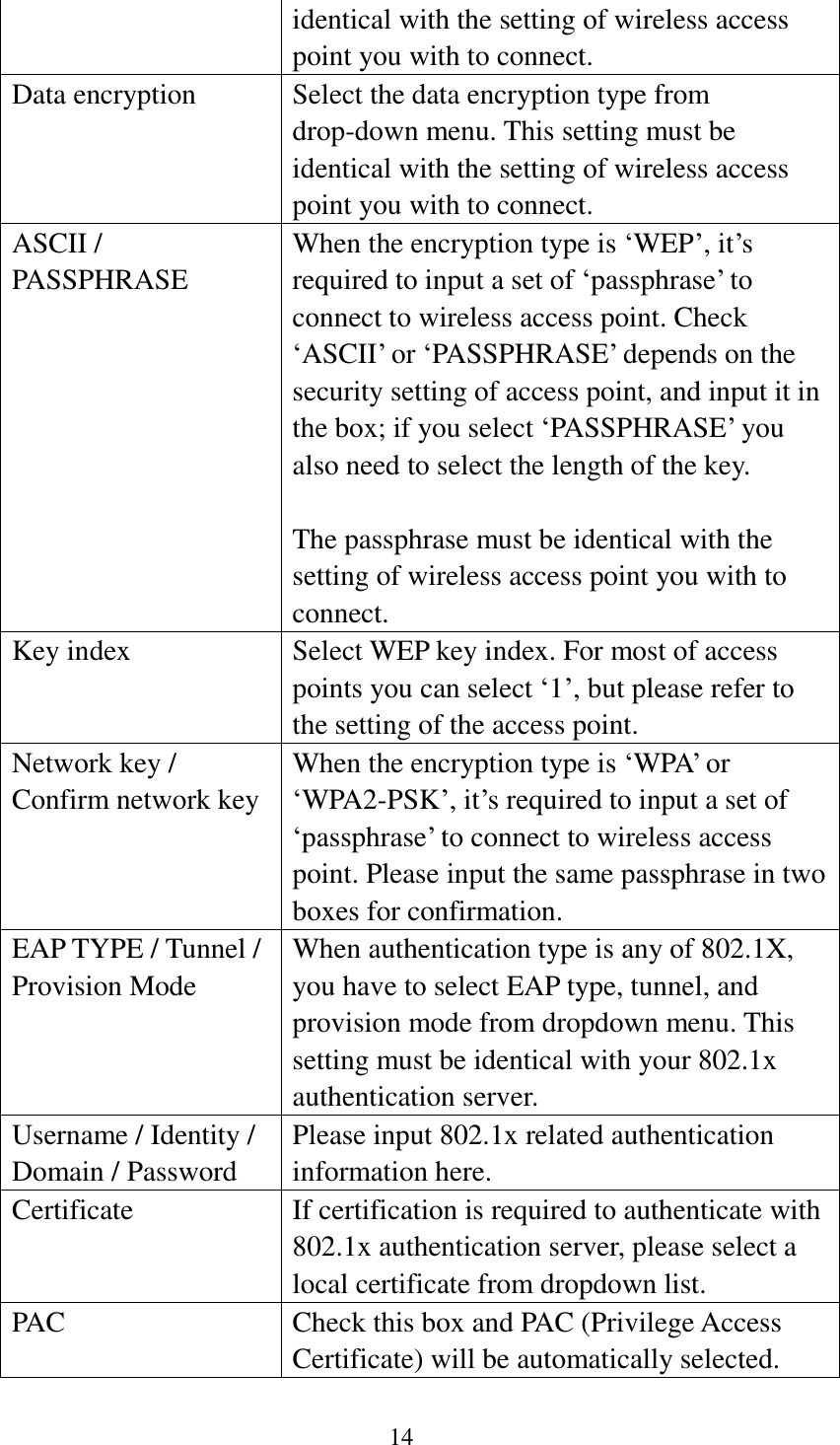 14  identical with the setting of wireless access point you with to connect. Data encryption Select the data encryption type from drop-down menu. This setting must be identical with the setting of wireless access point you with to connect. ASCII / PASSPHRASE When the encryption type is ‘WEP’, it’s required to input a set of ‘passphrase’ to connect to wireless access point. Check ‘ASCII’ or ‘PASSPHRASE’ depends on the security setting of access point, and input it in the box; if you select ‘PASSPHRASE’ you also need to select the length of the key.  The passphrase must be identical with the setting of wireless access point you with to connect. Key index Select WEP key index. For most of access points you can select ‘1’, but please refer to the setting of the access point. Network key / Confirm network key When the encryption type is ‘WPA’ or ‘WPA2-PSK’, it’s required to input a set of ‘passphrase’ to connect to wireless access point. Please input the same passphrase in two boxes for confirmation. EAP TYPE / Tunnel / Provision Mode When authentication type is any of 802.1X, you have to select EAP type, tunnel, and provision mode from dropdown menu. This setting must be identical with your 802.1x authentication server. Username / Identity / Domain / Password Please input 802.1x related authentication information here. Certificate If certification is required to authenticate with 802.1x authentication server, please select a local certificate from dropdown list. PAC Check this box and PAC (Privilege Access Certificate) will be automatically selected.  