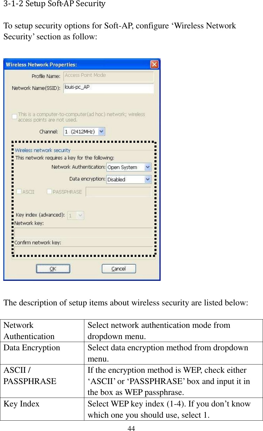 44  3-1-2 Setup Soft-AP Security  To setup security options for Soft-AP, configure ‘Wireless Network Security’ section as follow:    The description of setup items about wireless security are listed below:  Network Authentication Select network authentication mode from dropdown menu. Data Encryption Select data encryption method from dropdown menu. ASCII / PASSPHRASE If the encryption method is WEP, check either ‘ASCII’ or ‘PASSPHRASE’ box and input it in the box as WEP passphrase. Key Index Select WEP key index (1-4). If you don’t know which one you should use, select 1. 