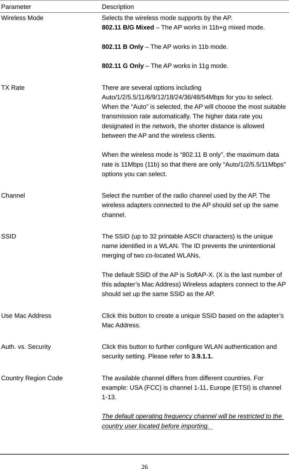  26 Parameter Description Wireless Mode  Selects the wireless mode supports by the AP. 802.11 B/G Mixed – The AP works in 11b+g mixed mode.  802.11 B Only – The AP works in 11b mode.  802.11 G Only – The AP works in 11g mode.   TX Rate  There are several options including Auto/1/2/5.5/11/6/9/12/18/24/36/48/54Mbps for you to select. When the “Auto” is selected, the AP will choose the most suitable transmission rate automatically. The higher data rate you designated in the network, the shorter distance is allowed between the AP and the wireless clients.  When the wireless mode is “802.11 B only”, the maximum data rate is 11Mbps (11b) so that there are only “Auto/1/2/5.5/11Mbps” options you can select.   Channel  Select the number of the radio channel used by the AP. The wireless adapters connected to the AP should set up the same channel.   SSID  The SSID (up to 32 printable ASCII characters) is the unique name identified in a WLAN. The ID prevents the unintentional merging of two co-located WLANs.  The default SSID of the AP is SoftAP-X. (X is the last number of this adapter’s Mac Address) Wireless adapters connect to the AP should set up the same SSID as the AP.   Use Mac Address  Click this button to create a unique SSID based on the adapter’s Mac Address.   Auth. vs. Security  Click this button to further configure WLAN authentication and security setting. Please refer to 3.9.1.1.   Country Region Code  The available channel differs from different countries. For example: USA (FCC) is channel 1-11, Europe (ETSI) is channel 1-13.   The default operating frequency channel will be restricted to the country user located before importing.       