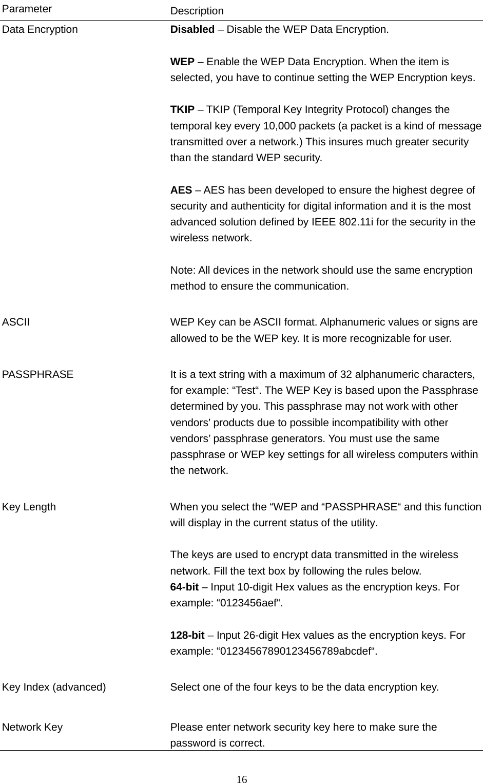  16 Parameter  Description Data Encryption  Disabled – Disable the WEP Data Encryption.  WEP – Enable the WEP Data Encryption. When the item is selected, you have to continue setting the WEP Encryption keys. TKIP – TKIP (Temporal Key Integrity Protocol) changes the temporal key every 10,000 packets (a packet is a kind of message transmitted over a network.) This insures much greater security than the standard WEP security.  AES – AES has been developed to ensure the highest degree of security and authenticity for digital information and it is the most advanced solution defined by IEEE 802.11i for the security in the wireless network.  Note: All devices in the network should use the same encryption method to ensure the communication.   ASCII  WEP Key can be ASCII format. Alphanumeric values or signs are allowed to be the WEP key. It is more recognizable for user.   PASSPHRASE  It is a text string with a maximum of 32 alphanumeric characters, for example: “Test“. The WEP Key is based upon the Passphrase determined by you. This passphrase may not work with other vendors’ products due to possible incompatibility with other vendors’ passphrase generators. You must use the same passphrase or WEP key settings for all wireless computers within the network.   Key Length  When you select the “WEP and “PASSPHRASE“ and this function will display in the current status of the utility.  The keys are used to encrypt data transmitted in the wireless network. Fill the text box by following the rules below. 64-bit – Input 10-digit Hex values as the encryption keys. For example: “0123456aef“.  128-bit – Input 26-digit Hex values as the encryption keys. For example: “01234567890123456789abcdef“.   Key Index (advanced)  Select one of the four keys to be the data encryption key.     Network Key  Please enter network security key here to make sure the password is correct. 