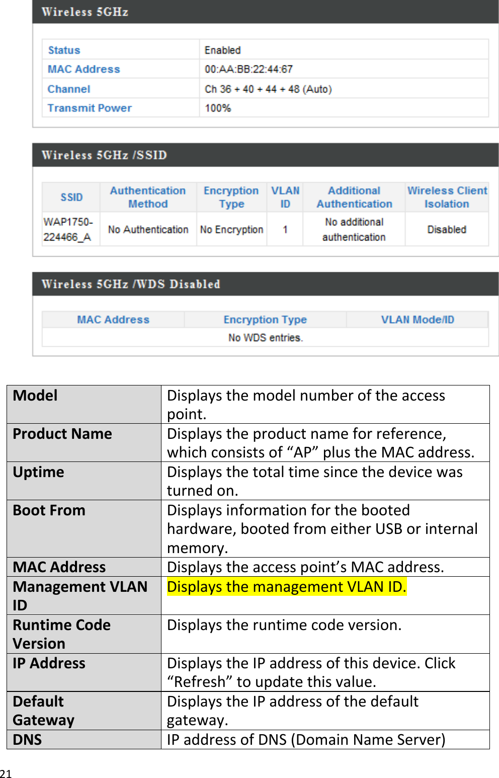 21ModelDisplaysthemodelnumberoftheaccesspoint.ProductNameDisplaystheproductname forreference,whichconsistsof“AP”plustheMACaddress.UptimeDisplaysthetotaltimesincethedevicewasturnedon.BootFromDisplaysinformationforthebootedhardware,bootedfromeitherUSBorinternalmemory.MACAddressDisplays the accesspoint’sMACaddress.ManagementVLANIDDisplaysthemanagementVLANID.RuntimeCodeVersionDisplays the runtimecodeversion.IPAddressDisplaystheIPaddressofthisdevice.Click“Refresh”toupdatethisvalue.DefaultGatewayDisplaystheIPaddressofthedefaultgateway.DNSIPaddressofDNS(DomainNameServer)