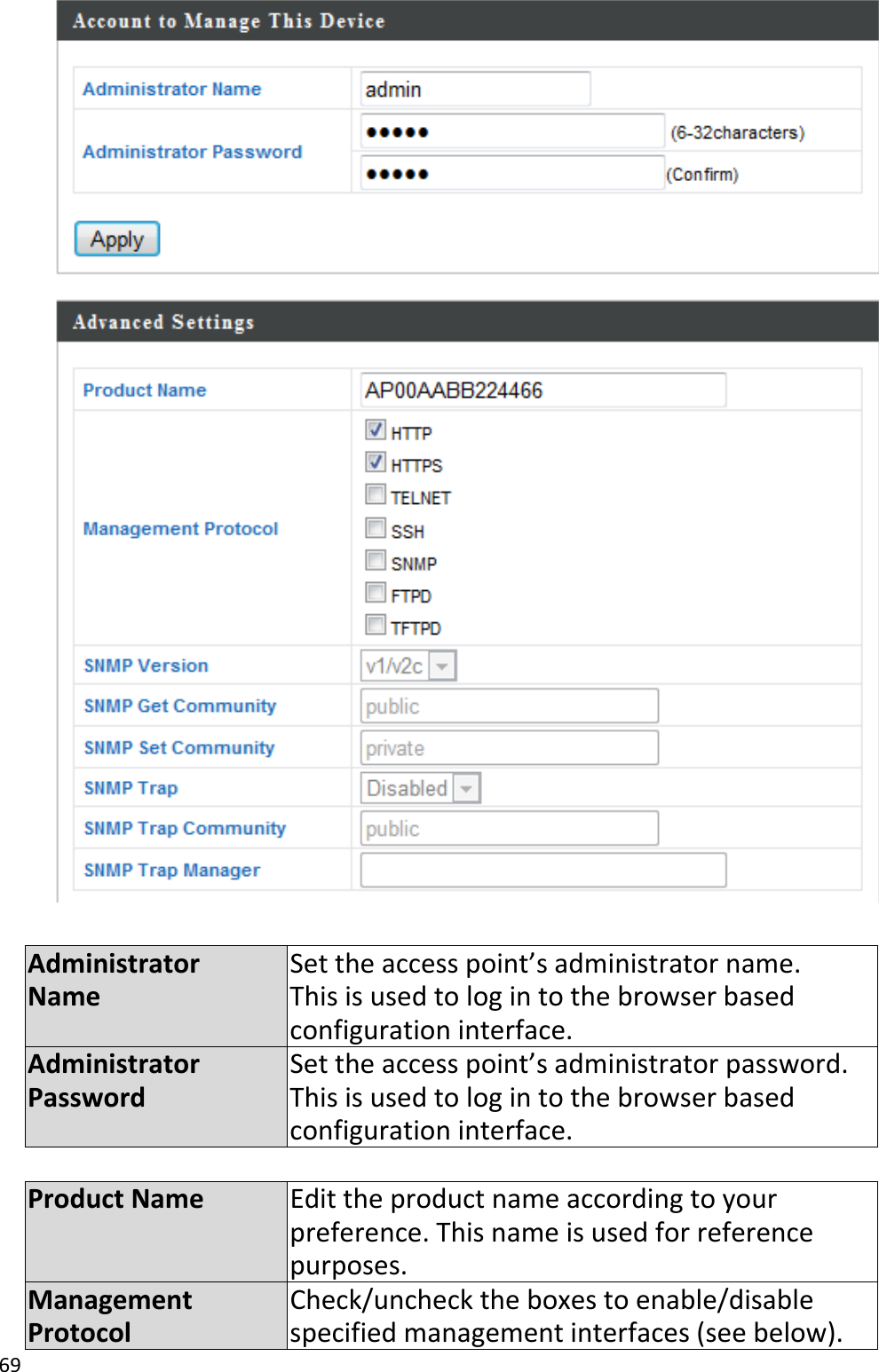 69AdministratorNameSettheaccesspoint’sadministratorname.Thisisusedtologintothebrowserbasedconfigurationinterface.AdministratorPasswordSettheaccesspoint’sadministratorpassword.Thisisusedtologintothebrowserbasedconfigurationinterface.ProductNameEdittheproductnameaccordingtoyourpreference.Thisnameisusedforreferencepurposes.ManagementProtocolCheck/unchecktheboxestoenable/disablespecifiedmanagementinterfaces(seebelow).