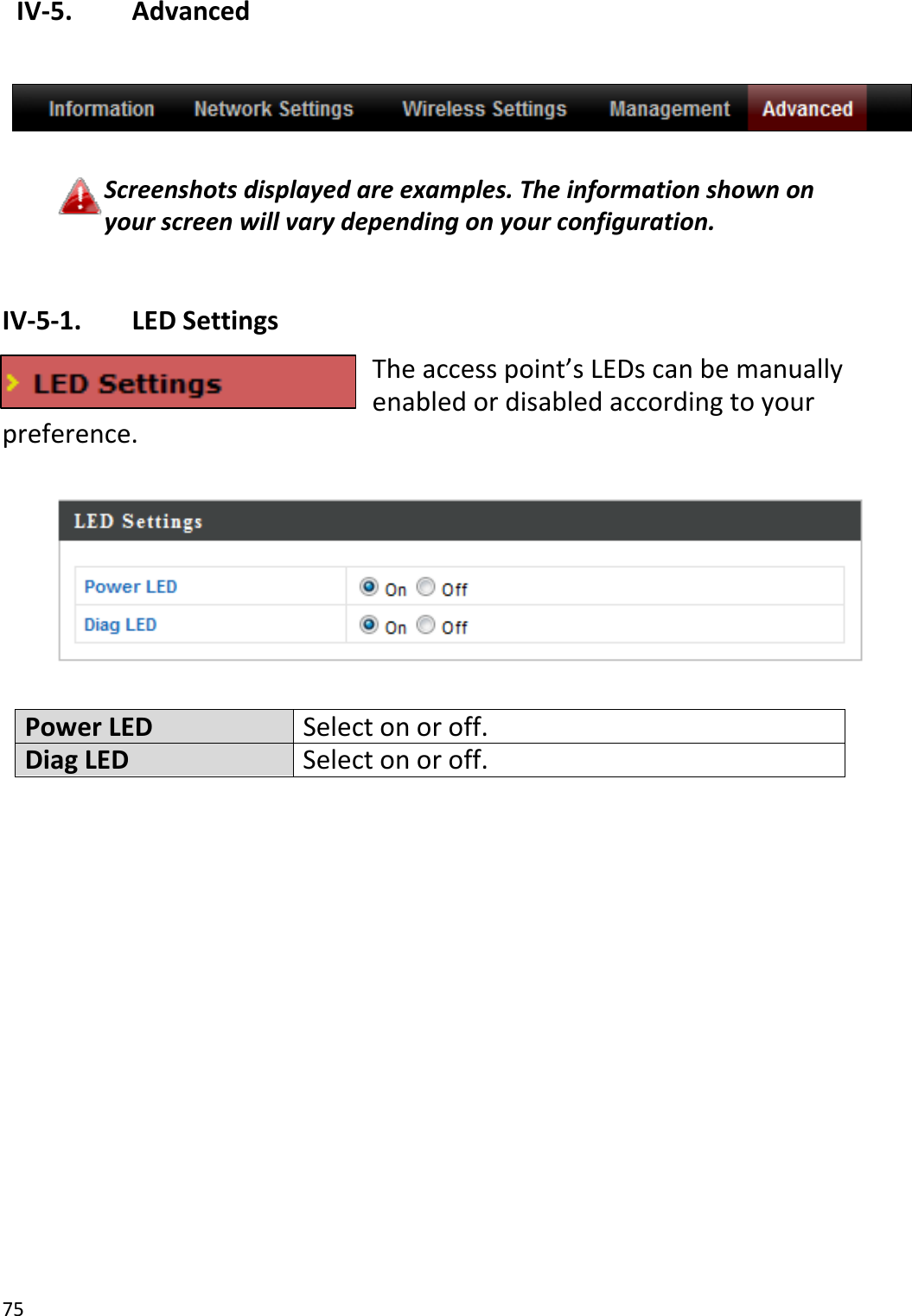 75IV‐5. AdvancedScreenshotsdisplayedareexamples.Theinformationshownonyourscreenwillvarydependingonyourconfiguration.IV‐5‐1. LEDSettingsTheaccesspoint’sLEDscanbemanuallyenabledordisabledaccordingtoyourpreference.PowerLEDSelectonoroff.DiagLEDSelectonoroff.