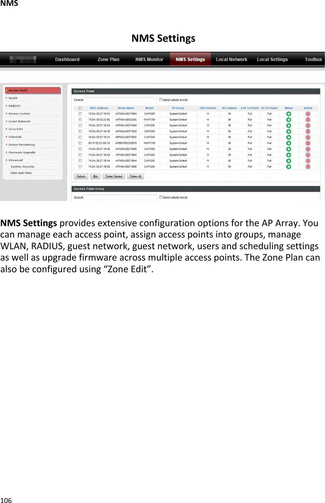 NMS106NMSSettingsNMSSettingsprovidesextensiveconfigurationoptionsfortheAPArray.Youcanmanageeachaccesspoint,assignaccesspointsintogroups,manageWLAN,RADIUS,guestnetwork,guestnetwork,usersandschedulingsettingsaswellasupgradefirmwareacrossmultipleaccesspoints.TheZonePlancanalsobeconfiguredusing“ZoneEdit”.