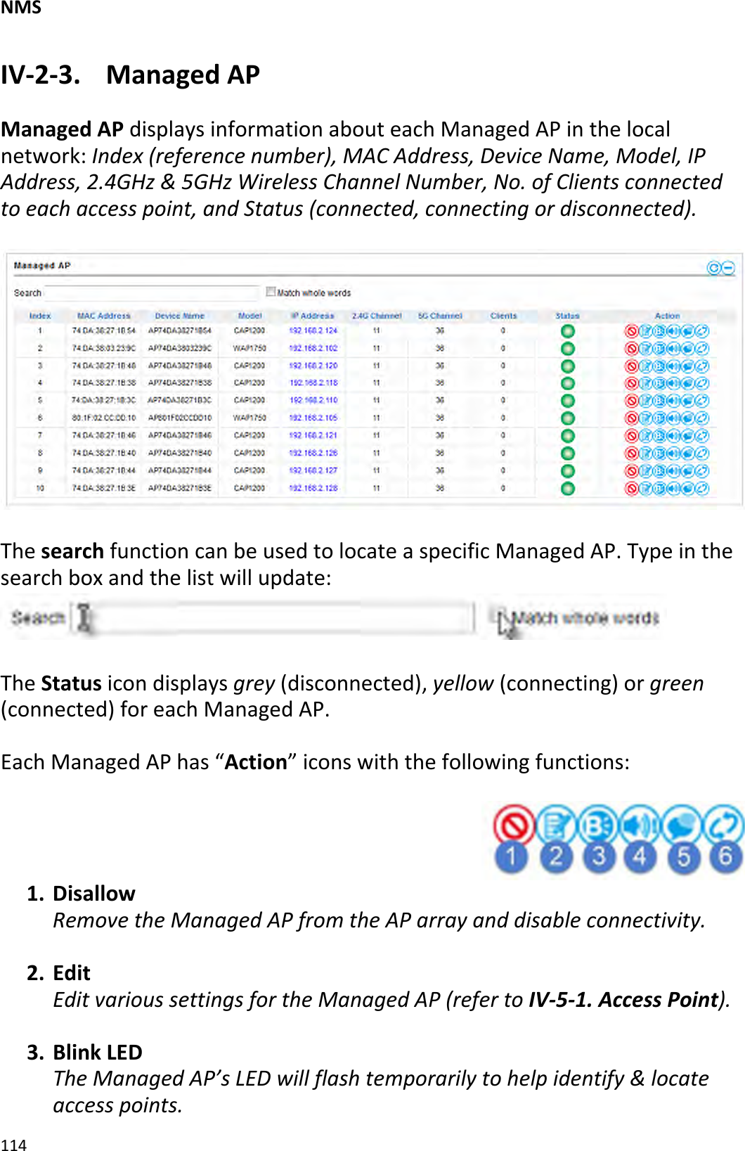 NMS114IV‐2‐3.ManagedAPManagedAPdisplaysinformationabouteachManagedAPinthelocalnetwork:Index(referencenumber),MACAddress,DeviceName,Model,IPAddress,2.4GHz&amp;5GHzWirelessChannelNumber,No.ofClientsconnectedtoeachaccesspoint,andStatus(connected,connectingordisconnected).ThesearchfunctioncanbeusedtolocateaspecificManagedAP.Typeinthesearchboxandthelistwillupdate:TheStatusicondisplaysgrey(disconnected),yellow(connecting)orgreen(connected)foreachManagedAP.EachManagedAPhas“Action”iconswiththefollowingfunctions:1. DisallowRemovetheManagedAPfromtheAParrayanddisableconnectivity.2. EditEditvarioussettingsfortheManagedAP(refertoIV‐5‐1.AccessPoint).3. BlinkLEDTheManagedAP’sLEDwillflashtemporarilytohelpidentify&amp;locateaccesspoints.