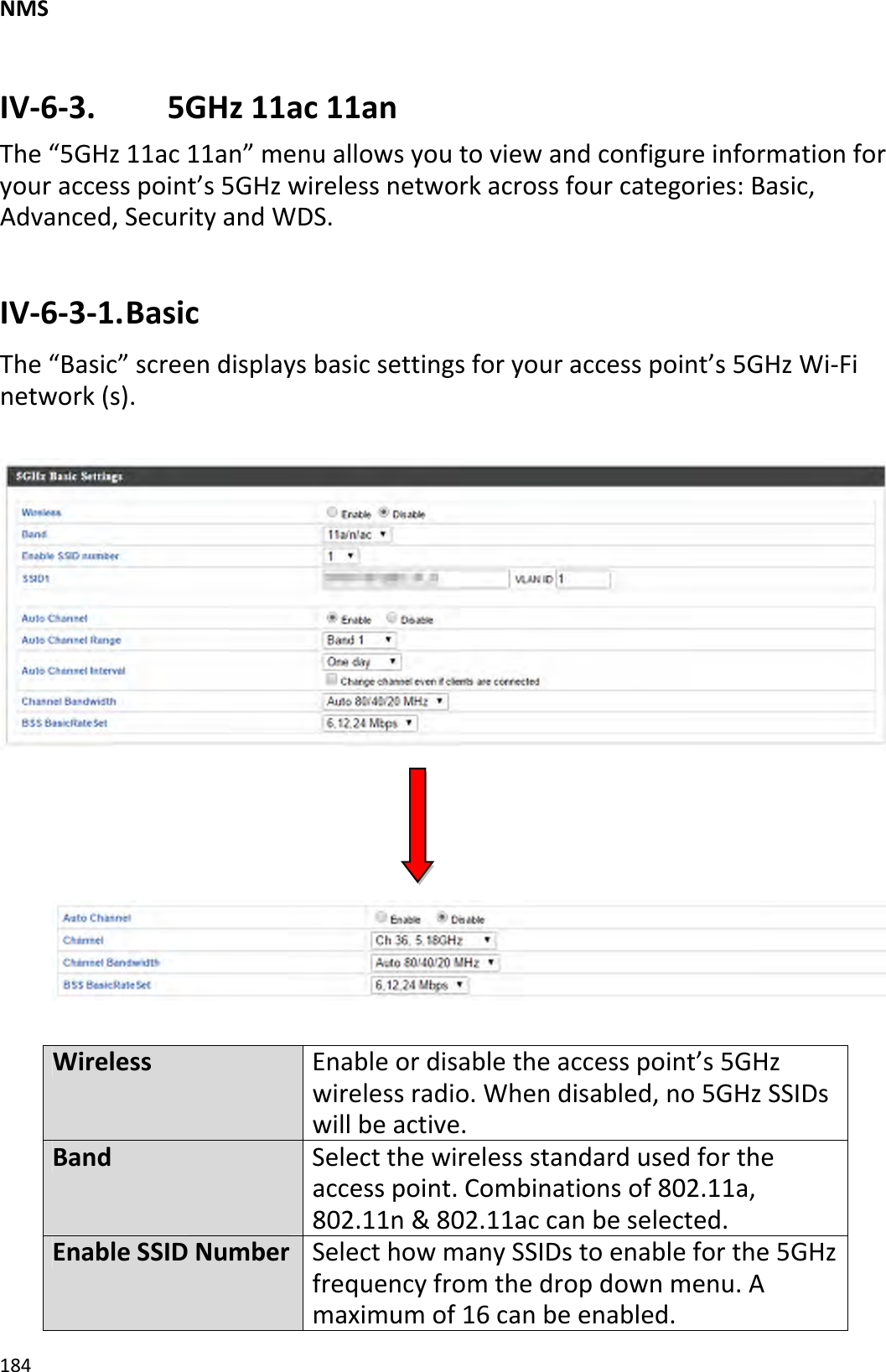 NMS184IV‐6‐3. 5GHz11ac11anThe“5GHz11ac11an”menuallowsyoutoviewandconfigureinformationforyouraccesspoint’s5GHzwirelessnetworkacrossfourcategories:Basic,Advanced,SecurityandWDS.IV‐6‐3‐1.BasicThe“Basic”screendisplaysbasicsettingsforyouraccesspoint’s5GHzWi‐Finetwork(s).WirelessEnableordisabletheaccesspoint’s5GHzwirelessradio.Whendisabled,no5GHzSSIDswillbeactive.BandSelectthewirelessstandardusedfortheaccesspoint.Combinationsof802.11a,802.11n&amp;802.11accanbeselected.EnableSSIDNumberSelecthowmanySSIDstoenableforthe5GHzfrequencyfromthedropdownmenu.Amaximumof16canbeenabled.