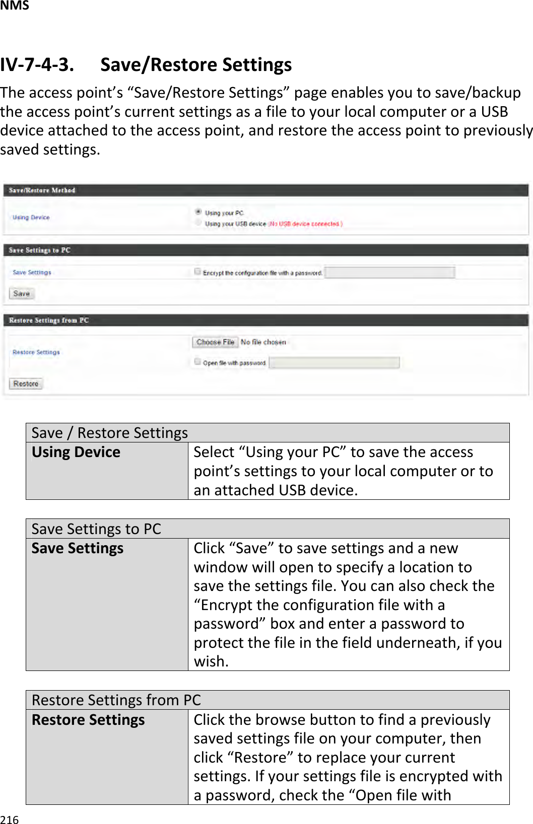 NMS216IV‐7‐4‐3. Save/RestoreSettingsTheaccesspoint’s“Save/RestoreSettings”pageenablesyoutosave/backuptheaccesspoint’scurrentsettingsasafiletoyourlocalcomputeroraUSBdeviceattachedtotheaccesspoint,andrestoretheaccesspointtopreviouslysavedsettings.Save/RestoreSettingsUsingDeviceSelect“UsingyourPC”tosavetheaccesspoint’ssettingstoyourlocalcomputerortoanattachedUSBdevice.SaveSettingstoPCSaveSettingsClick“Save”tosavesettingsandanewwindowwillopentospecifyalocationtosavethesettingsfile.Youcanalsocheckthe“Encrypttheconfigurationfilewithapassword”boxandenterapasswordtoprotectthefileinthefieldunderneath,ifyouwish.RestoreSettingsfromPCRestoreSettingsClickthebrowsebuttontofindapreviouslysavedsettingsfileonyourcomputer,thenclick“Restore”toreplaceyourcurrentsettings.Ifyoursettingsfileisencryptedwithapassword,checkthe“Openfilewith