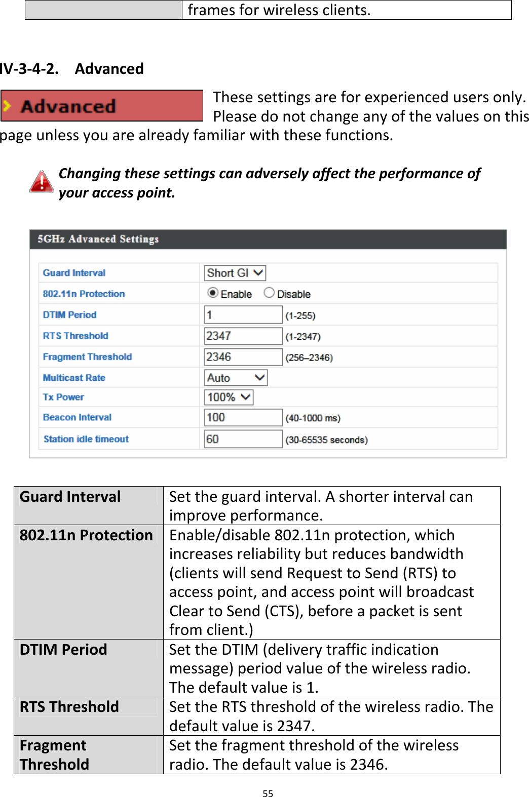 55framesforwirelessclients.IV‐3‐4‐2.AdvancedThesesettingsareforexperiencedusersonly.Pleasedonotchangeanyofthevaluesonthispageunlessyouarealreadyfamiliarwiththesefunctions.Changingthesesettingscanadverselyaffecttheperformanceofyouraccesspoint.GuardIntervalSettheguardinterval.Ashorterintervalcanimproveperformance.802.11nProtectionEnable/disable802.11nprotection,whichincreasesreliabilitybutreducesbandwidth(clientswillsendRequesttoSend(RTS)toaccesspoint,andaccesspointwillbroadcastCleartoSend(CTS),beforeapacketissentfromclient.)DTIMPeriodSettheDTIM(deliverytrafficindicationmessage)periodvalueofthewirelessradio.Thedefaultvalueis1.RTSThresholdSettheRTSthresholdofthewirelessradio.Thedefaultvalueis2347.FragmentThresholdSetthefragmentthresholdofthewirelessradio.Thedefaultvalueis2346.