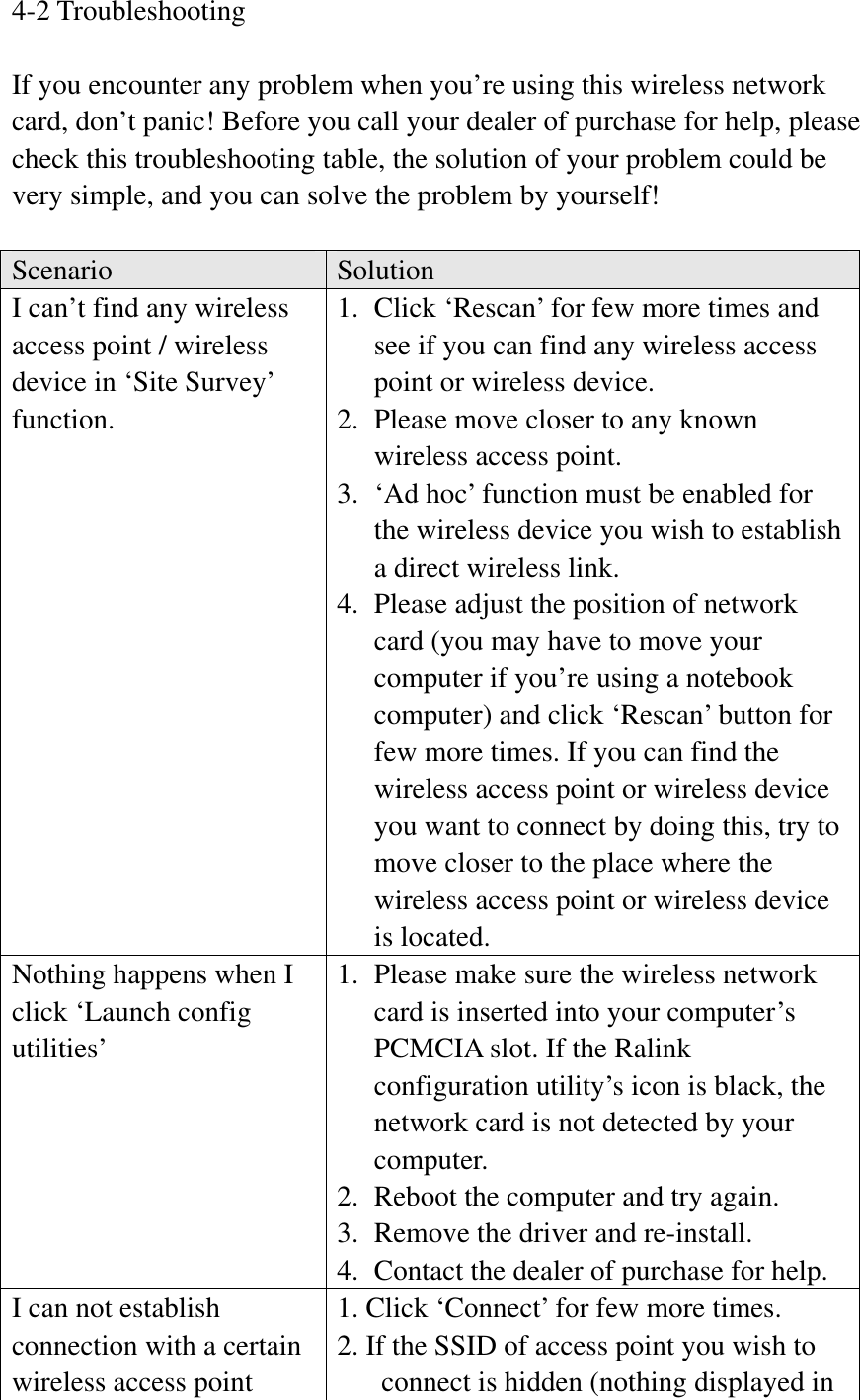 4-2 Troubleshooting If you encounter any problem when you’re using this wireless network card, don’t panic! Before you call your dealer of purchase for help, please check this troubleshooting table, the solution of your problem could be very simple, and you can solve the problem by yourself! Scenario SolutionI can’t find any wireless access point / wireless device in ‘Site Survey’ function.1. Click ‘Rescan’ for few more times and see if you can find any wireless access point or wireless device. 2. Please move closer to any known wireless access point. 3. ‘Ad hoc’ function must be enabled for the wireless device you wish to establish a direct wireless link. 4. Please adjust the position of network card (you may have to move your computer if you’re using a notebook computer) and click ‘Rescan’ button for few more times. If you can find the wireless access point or wireless device you want to connect by doing this, try to move closer to the place where the wireless access point or wireless device is located. Nothing happens when I click ‘Launch config utilities’1. Please make sure the wireless network card is inserted into your computer’s PCMCIA slot. If the Ralink configuration utility’s icon is black, the network card is not detected by your computer. 2. Reboot the computer and try again. 3. Remove the driver and re-install. 4. Contact the dealer of purchase for help. I can not establish connection with a certain wireless access point 1. Click ‘Connect’ for few more times. 2. If the SSID of access point you wish to connect is hidden (nothing displayed in 