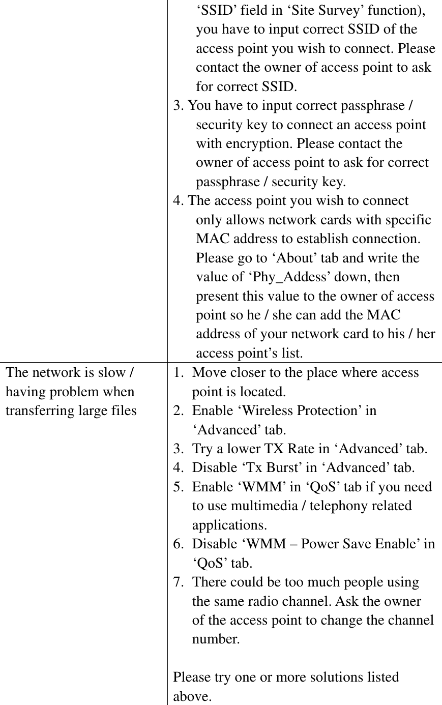 ‘SSID’ field in ‘Site Survey’ function), you have to input correct SSID of the access point you wish to connect. Please contact the owner of access point to ask for correct SSID. 3. You have to input correct passphrase / security key to connect an access point with encryption. Please contact the owner of access point to ask for correct passphrase / security key. 4. The access point you wish to connect only allows network cards with specific MAC address to establish connection. Please go to ‘About’ tab and write the value of ‘Phy_Addess’ down, then present this value to the owner of access point so he / she can add the MAC address of your network card to his / her access point’s list. The network is slow / having problem when transferring large files 1. Move closer to the place where access point is located. 2. Enable ‘Wireless Protection’ in ‘Advanced’ tab. 3. Try a lower TX Rate in ‘Advanced’ tab. 4. Disable ‘Tx Burst’ in ‘Advanced’ tab. 5. Enable ‘WMM’ in ‘QoS’ tab if you need to use multimedia / telephony related applications.6. Disable ‘WMM – Power Save Enable’ in ‘QoS’ tab. 7. There could be too much people using the same radio channel. Ask the owner of the access point to change the channel number. Please try one or more solutions listed above.