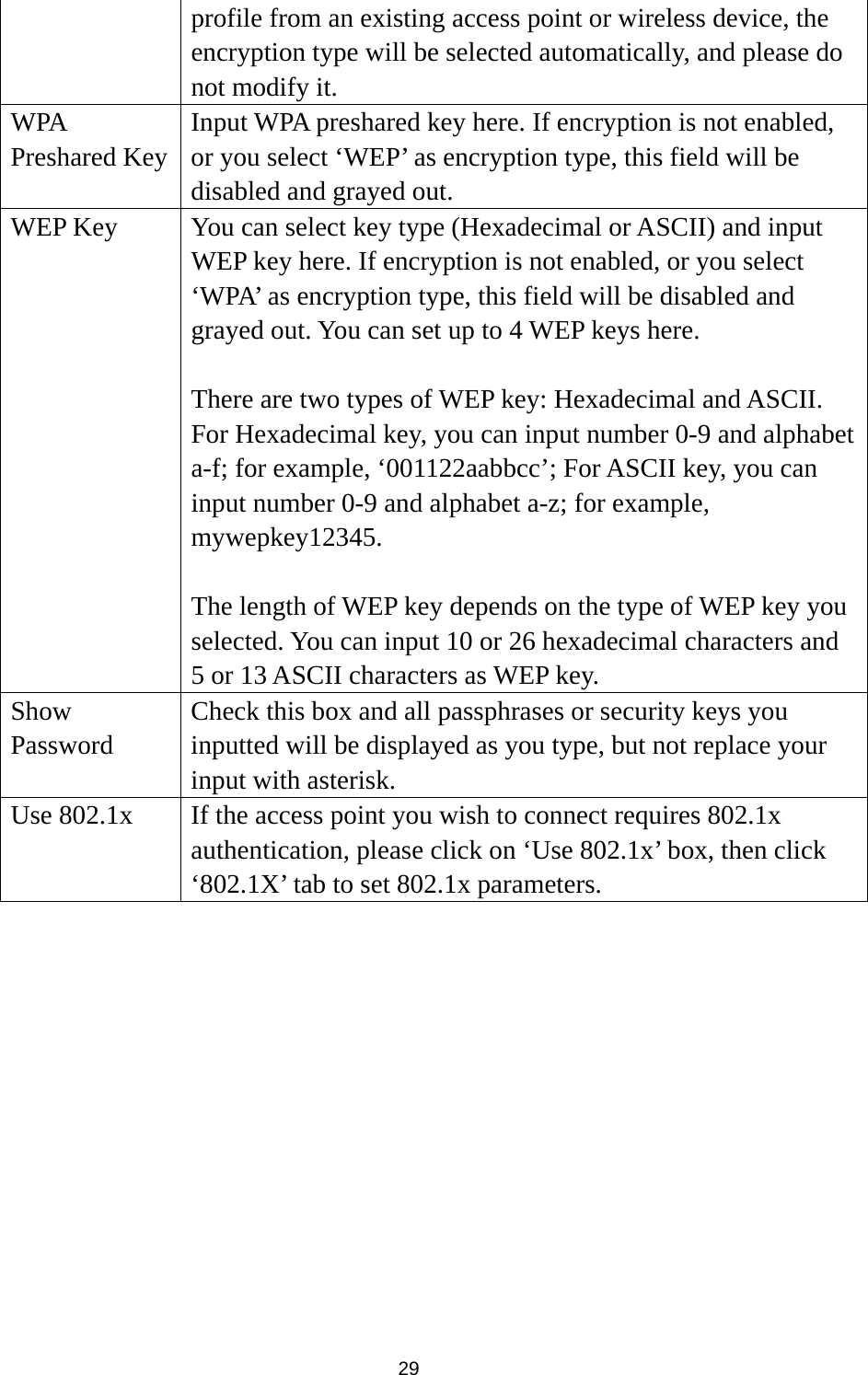  29 profile from an existing access point or wireless device, the encryption type will be selected automatically, and please do not modify it. WPA Preshared Key Input WPA preshared key here. If encryption is not enabled, or you select ‘WEP’ as encryption type, this field will be disabled and grayed out. WEP Key  You can select key type (Hexadecimal or ASCII) and input WEP key here. If encryption is not enabled, or you select ‘WPA’ as encryption type, this field will be disabled and grayed out. You can set up to 4 WEP keys here.    There are two types of WEP key: Hexadecimal and ASCII. For Hexadecimal key, you can input number 0-9 and alphabet a-f; for example, ‘001122aabbcc’; For ASCII key, you can input number 0-9 and alphabet a-z; for example, mywepkey12345.   The length of WEP key depends on the type of WEP key you selected. You can input 10 or 26 hexadecimal characters and 5 or 13 ASCII characters as WEP key. Show Password Check this box and all passphrases or security keys you inputted will be displayed as you type, but not replace your input with asterisk. Use 802.1x  If the access point you wish to connect requires 802.1x authentication, please click on ‘Use 802.1x’ box, then click ‘802.1X’ tab to set 802.1x parameters.             