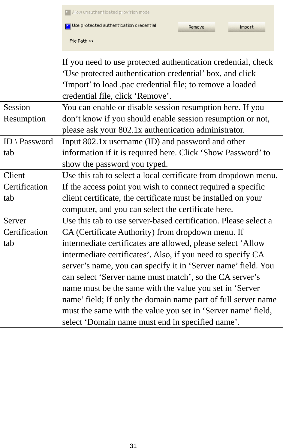  31  If you need to use protected authentication credential, check ‘Use protected authentication credential’ box, and click ‘Import’ to load .pac credential file; to remove a loaded credential file, click ‘Remove’. Session Resumption You can enable or disable session resumption here. If you don’t know if you should enable session resumption or not, please ask your 802.1x authentication administrator. ID \ Password tab Input 802.1x username (ID) and password and other information if it is required here. Click ‘Show Password’ to show the password you typed. Client Certification tab Use this tab to select a local certificate from dropdown menu. If the access point you wish to connect required a specific client certificate, the certificate must be installed on your computer, and you can select the certificate here. Server Certification tab Use this tab to use server-based certification. Please select a CA (Certificate Authority) from dropdown menu. If intermediate certificates are allowed, please select ‘Allow intermediate certificates’. Also, if you need to specify CA server’s name, you can specify it in ‘Server name’ field. You can select ‘Server name must match’, so the CA server’s name must be the same with the value you set in ‘Server name’ field; If only the domain name part of full server name must the same with the value you set in ‘Server name’ field, select ‘Domain name must end in specified name’.          